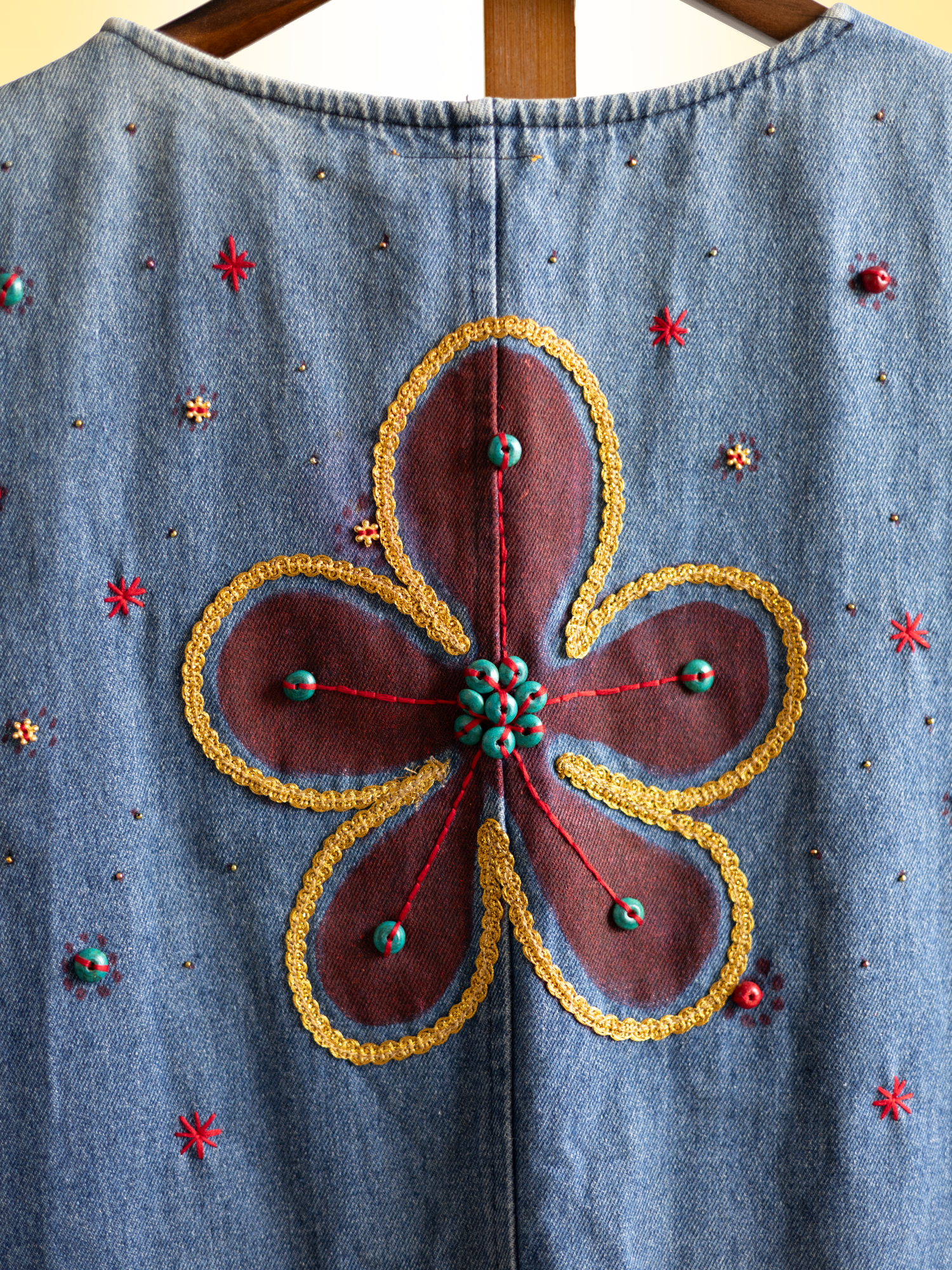 Blossom Handcrafted Denim Dangree with Hand Embroidery, Beads & Lace