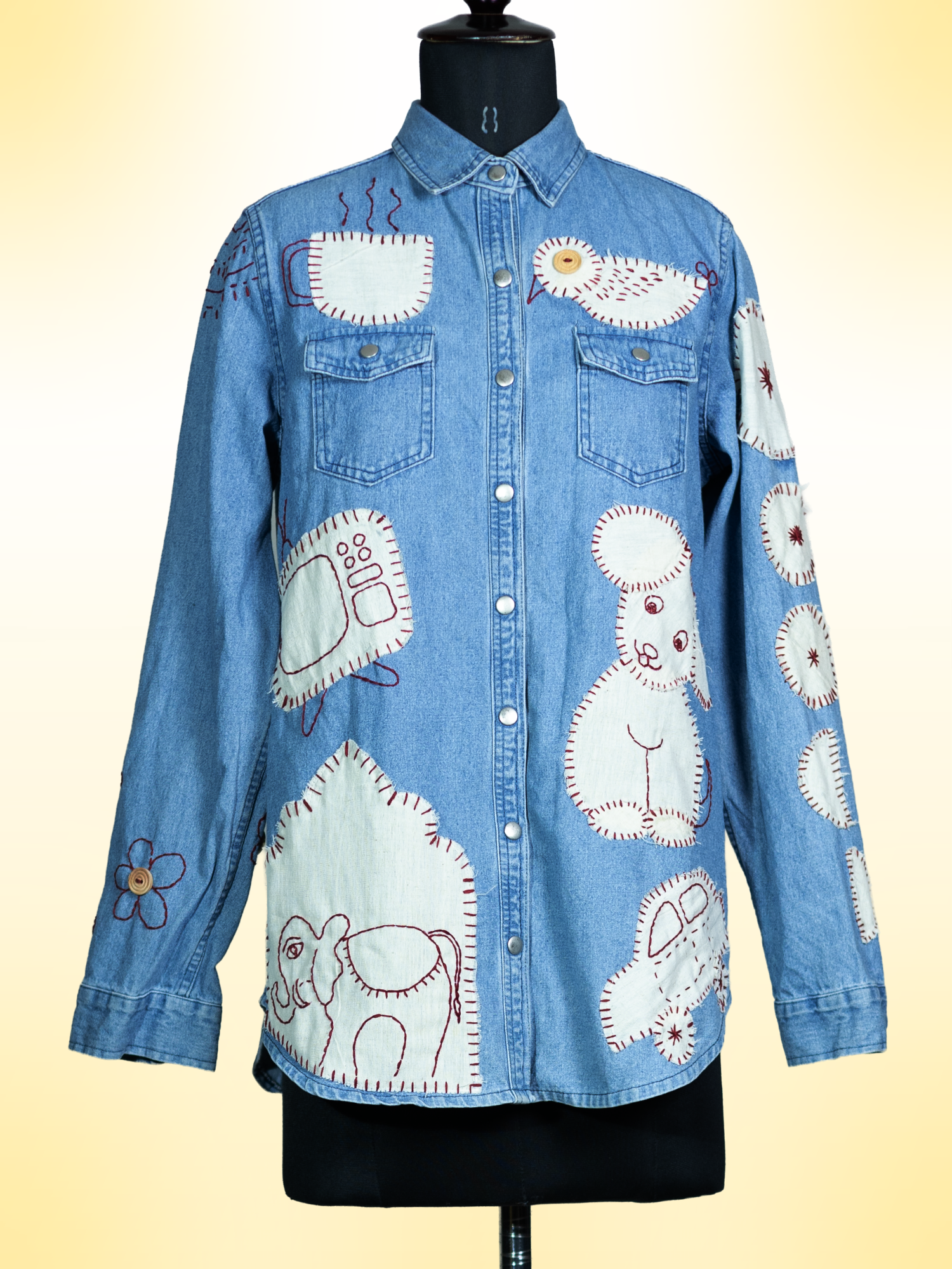 Aanshik Handcrafted Denim Unisex Shirt with Hand Painting, Hand Embroidery & Beads