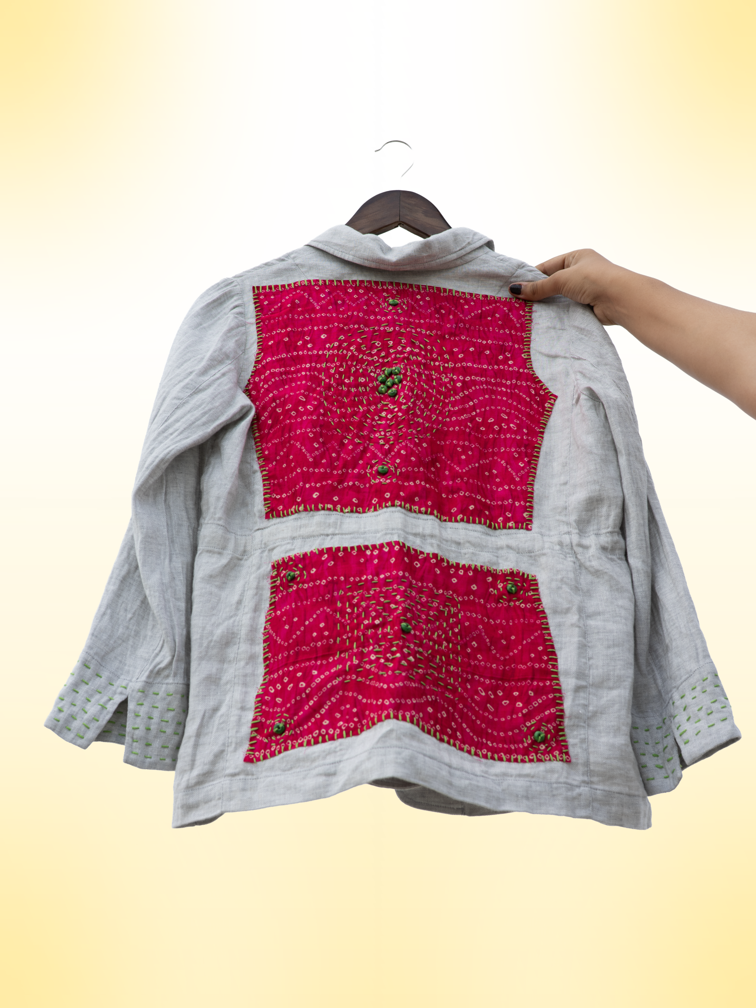 Khamma Ghani Handcrafted Khadi Cotton Blazer with Patchwork, Embroidery & Beads