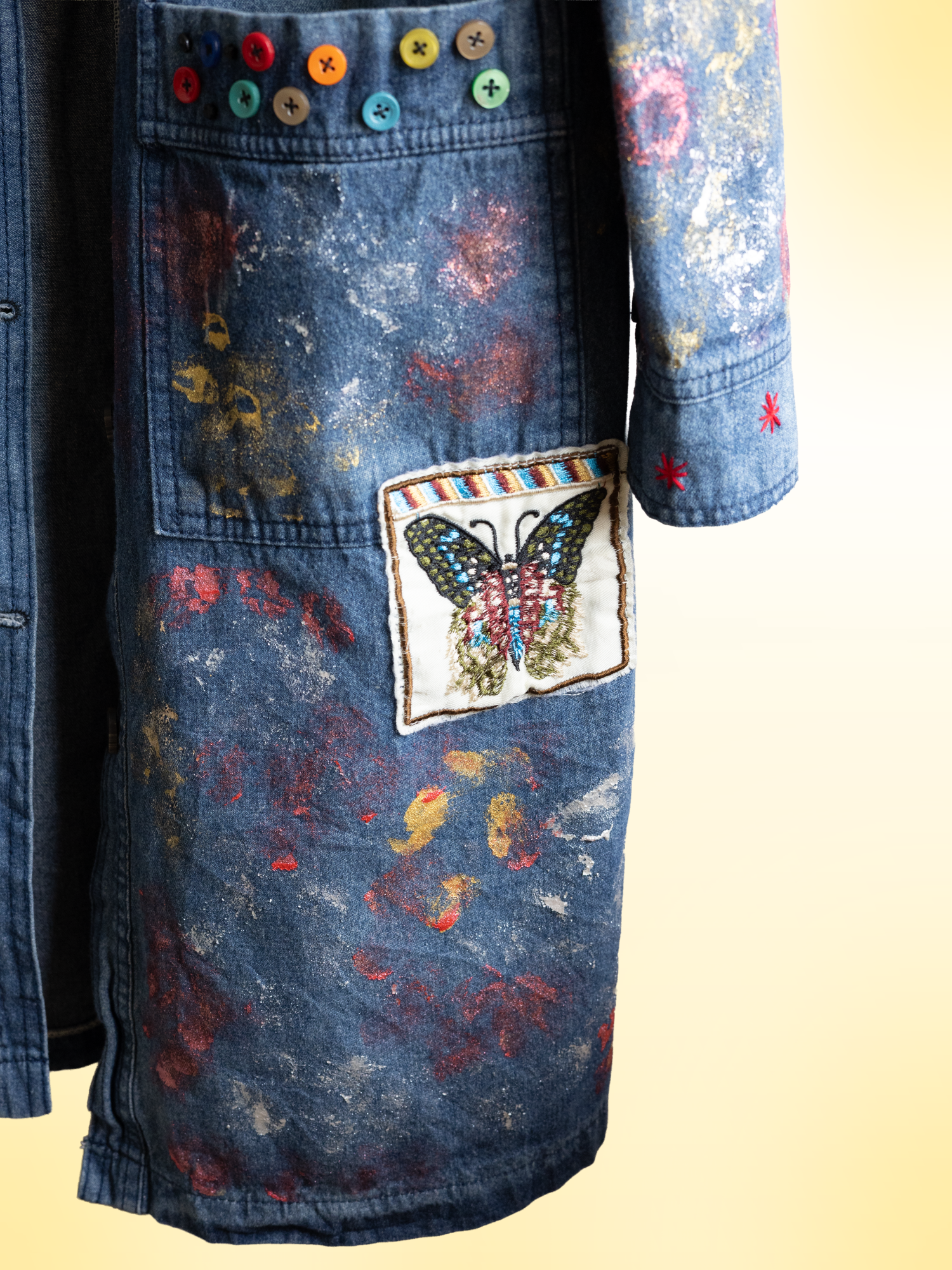 Retro Doodles Handcrafted Denim Long Jacket/Dress with Patchwork, Charms & Embroidery