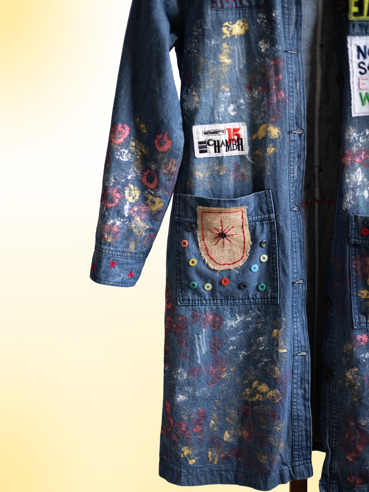 Retro Doodles Handcrafted Denim Long Jacket/Dress with Patchwork, Charms & Embroidery