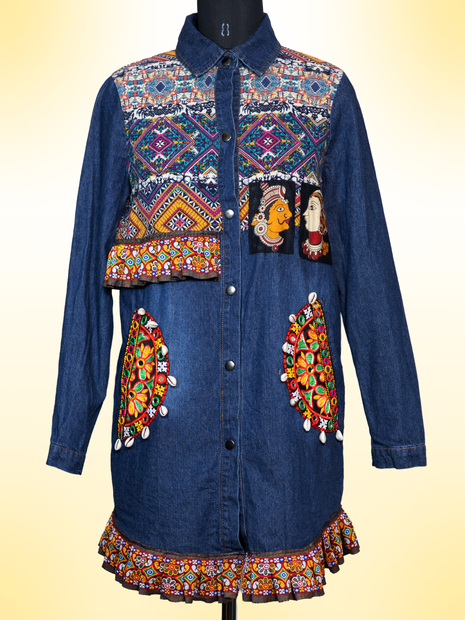 The Exotic Bohos Handcrafted Denim Cotton Dress with Patchwork, Hand Painting & Hand Embroidery