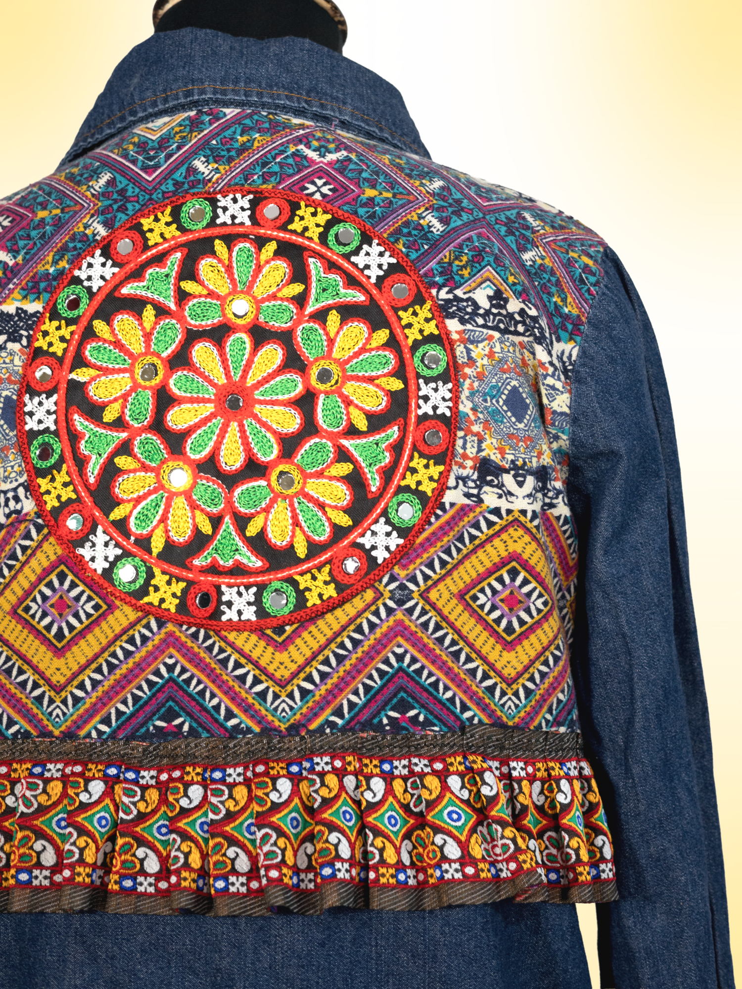 The Exotic Bohos Handcrafted Denim Cotton Dress with Patchwork, Hand Painting & Hand Embroidery