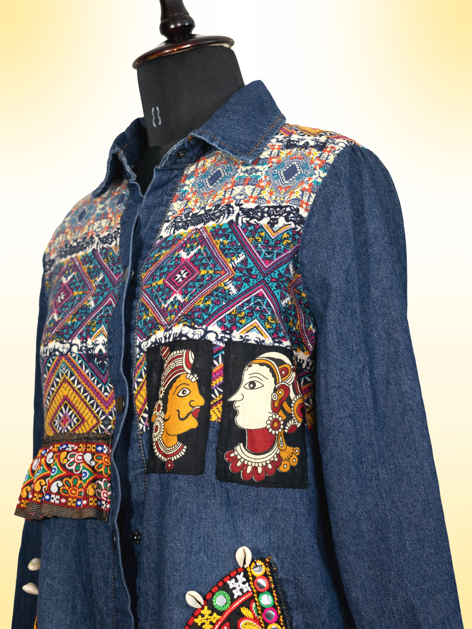 The Exotic Bohos Handcrafted Denim Cotton Dress with Patchwork, Hand Painting & Hand Embroidery