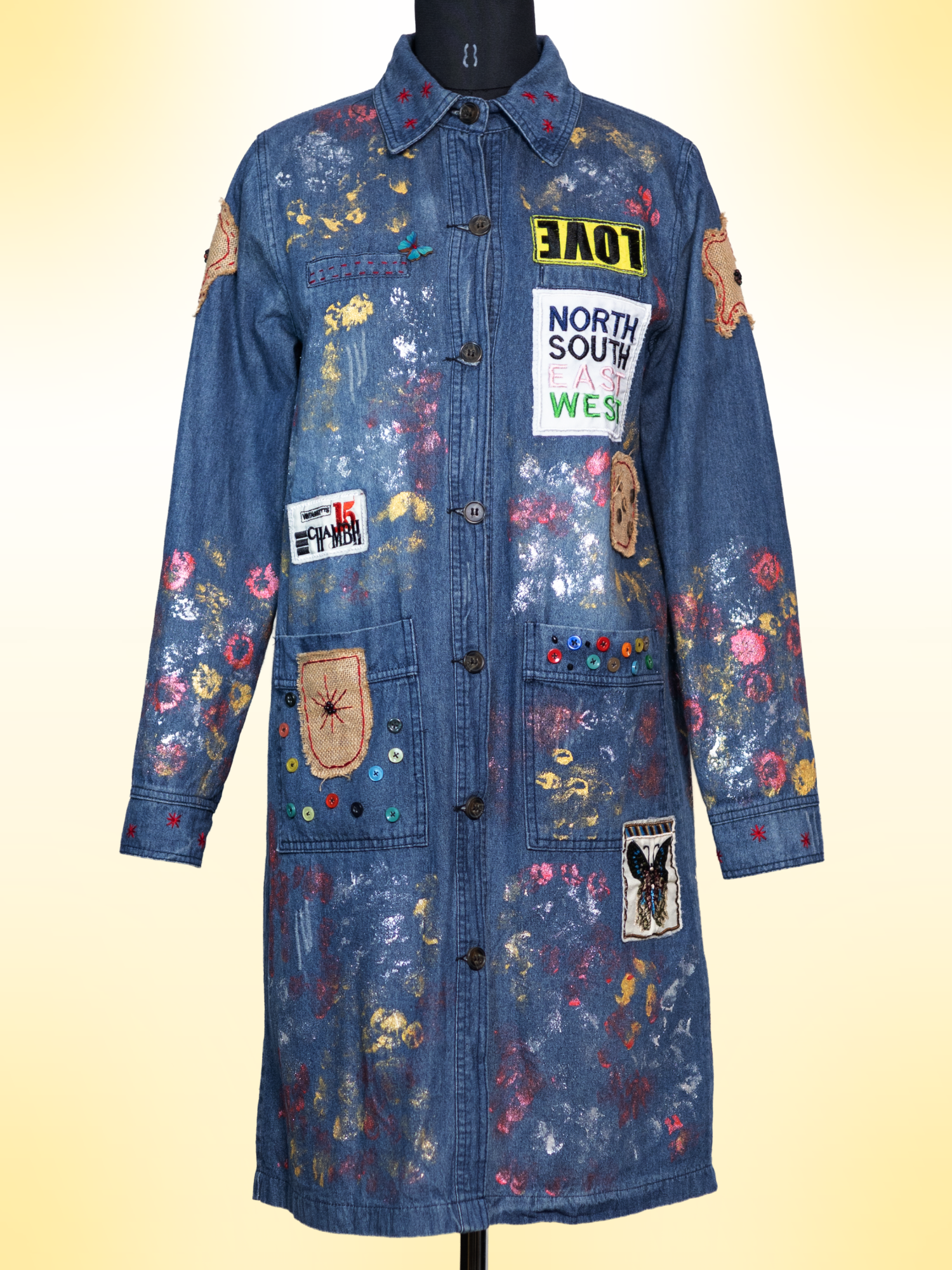 Retro Doodles Handcrafted Denim Long Jacket/Dress with Patchwork, Charms & Embroidery