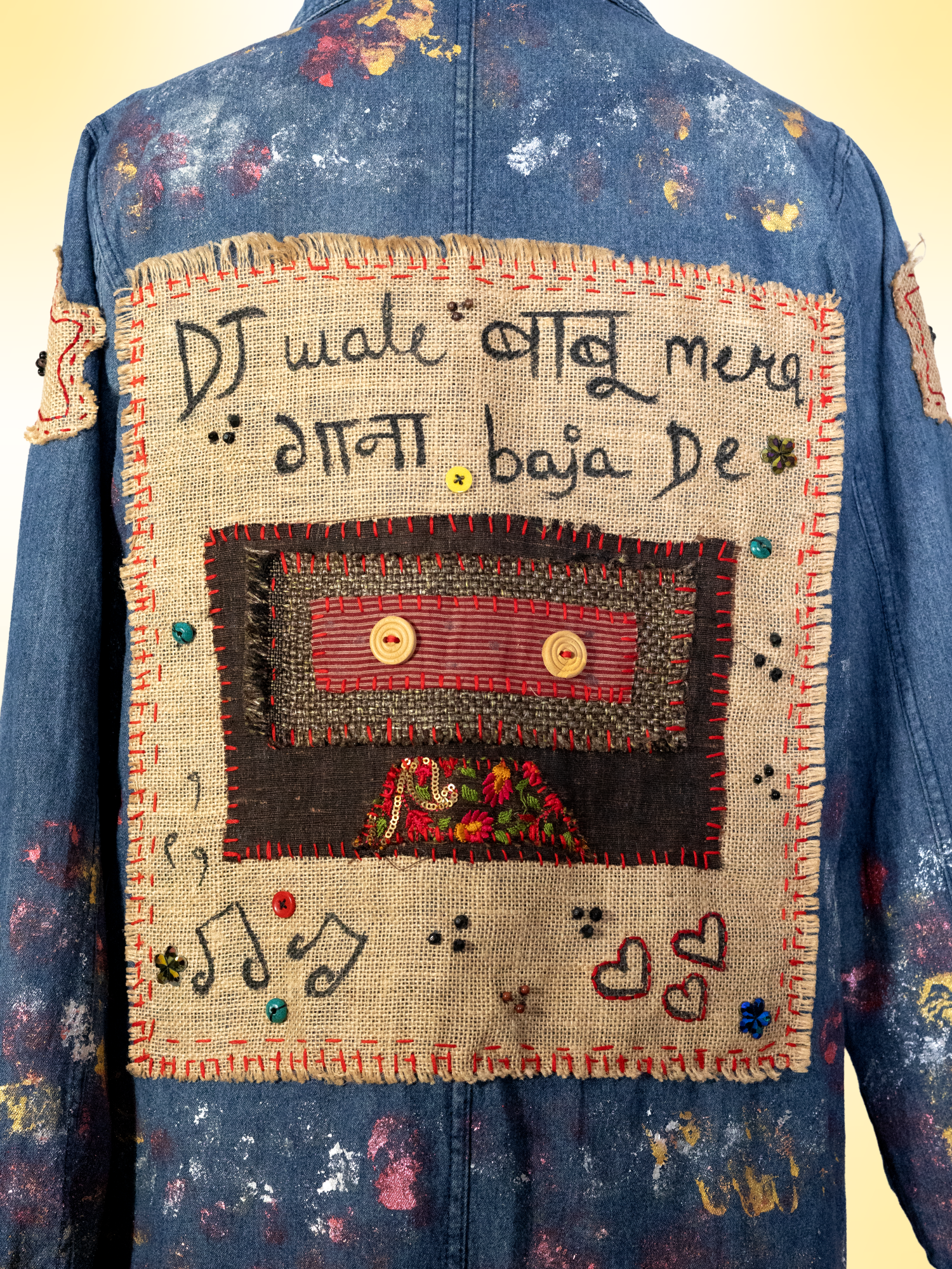 Retro Doodles Handcrafted Denim Long Jacket/Dress with Patchwork, Charms & Embroidery