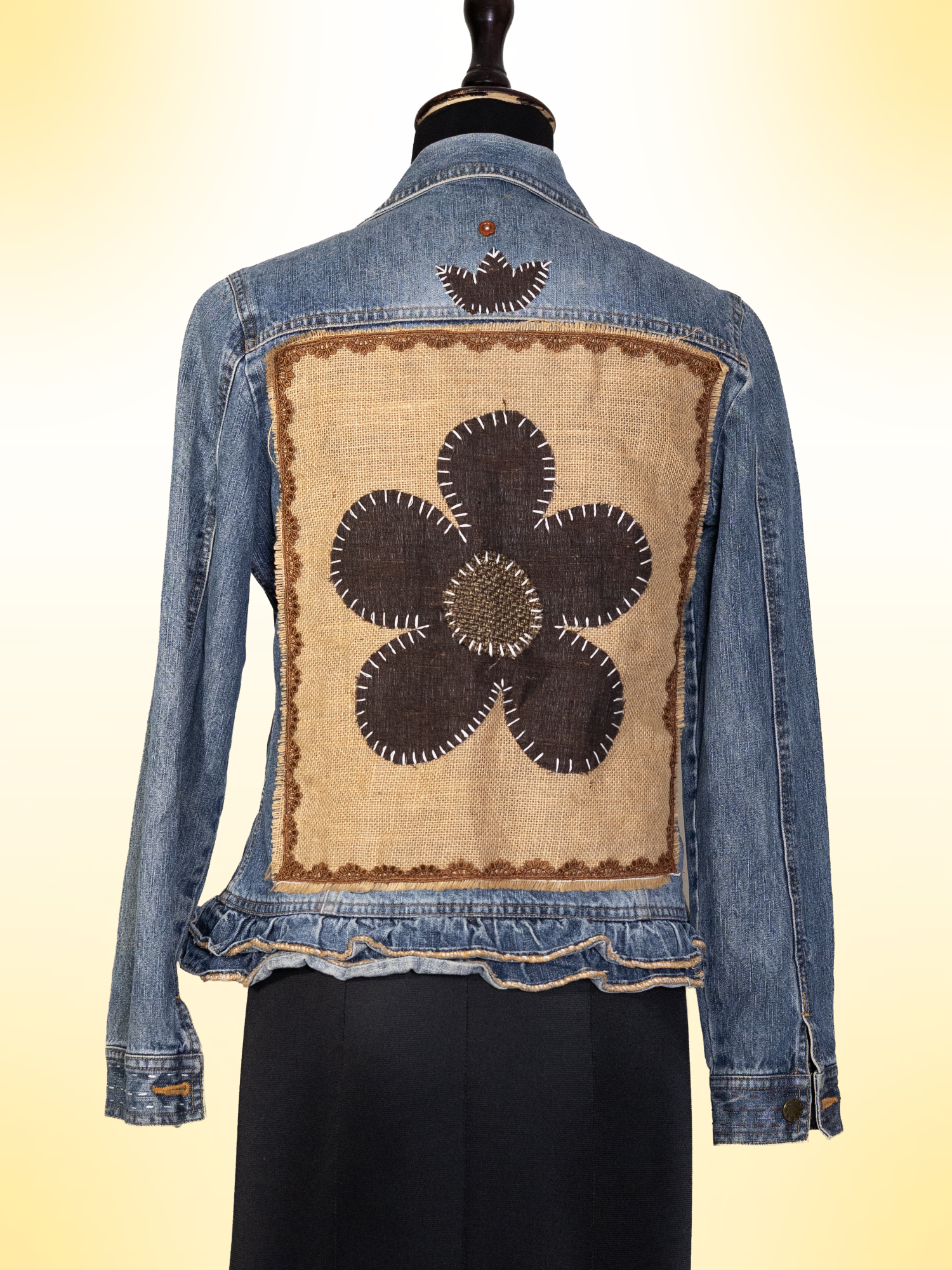 Blossom Handcrafted Denim Jacket with Patchwork, Applique, Lace & Buttons