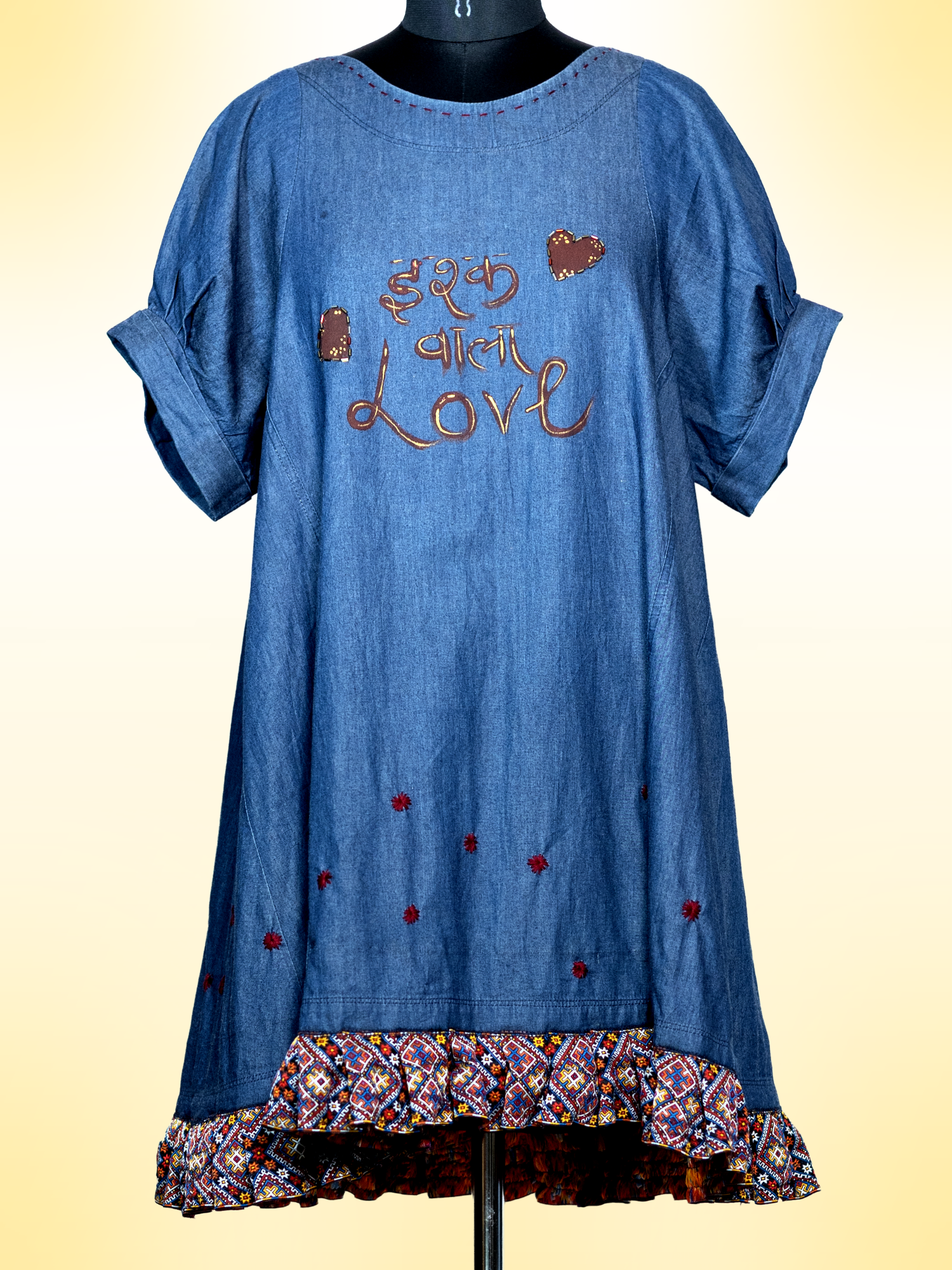 The Caffeine Evenings Handcrafted Denim Cotton Top with Hand Painting, Hand Embroidery & Beads