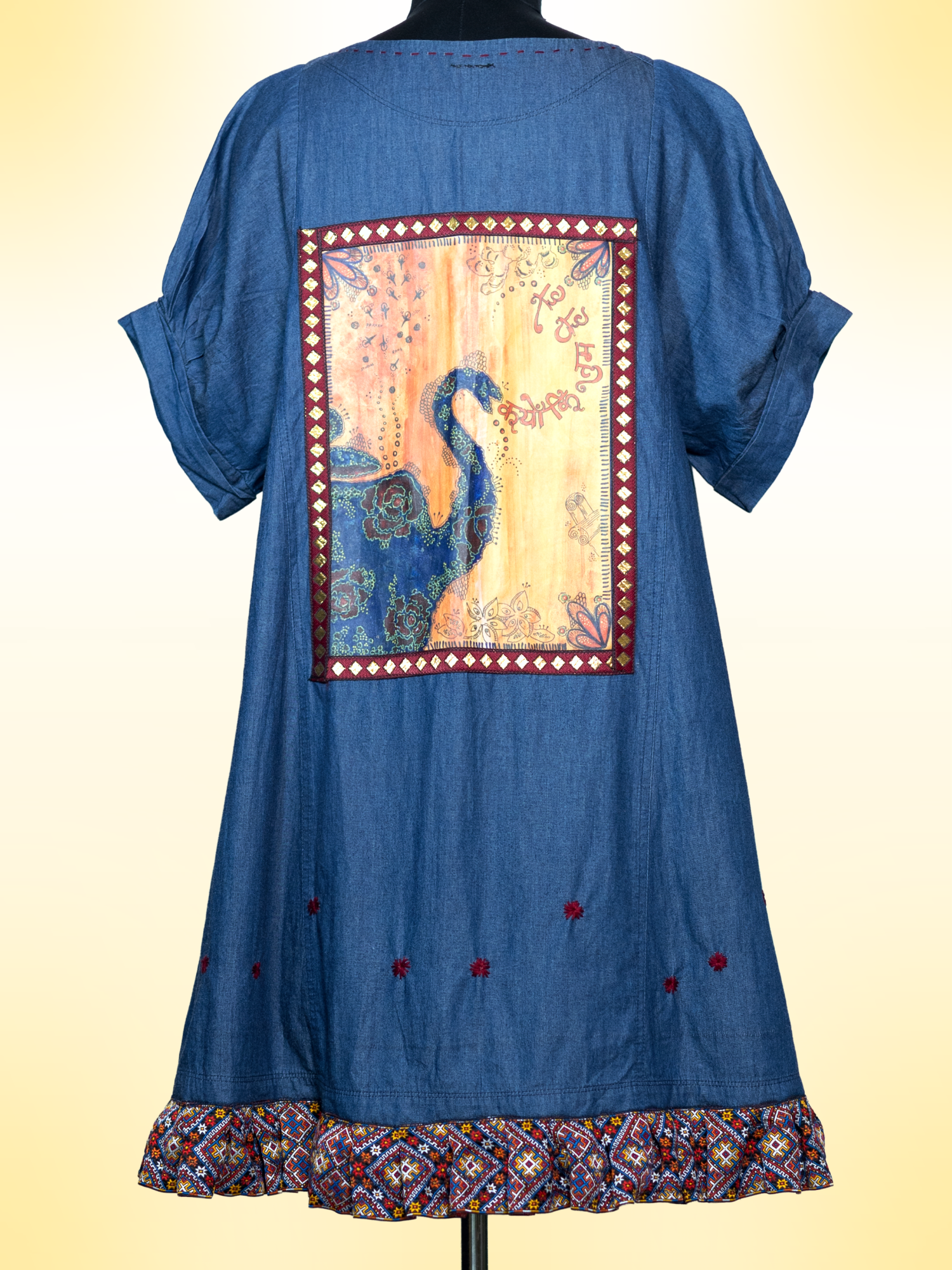 The Caffeine Evenings Handcrafted Denim Cotton Top with Hand Painting, Hand Embroidery & Beads