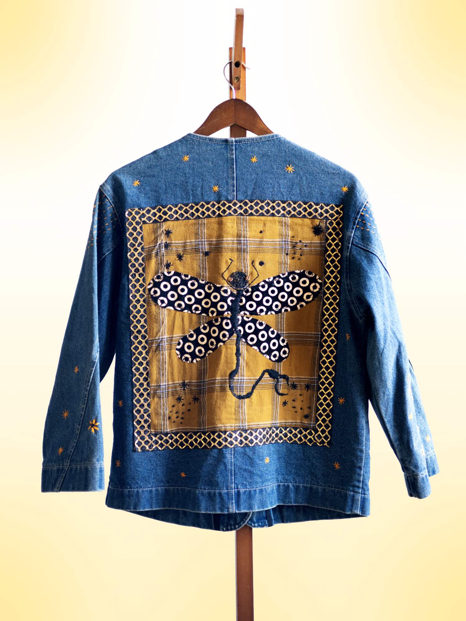 Dragonfly Handcrafted Denim Jacket with Patchwork, Embroidery & Beads