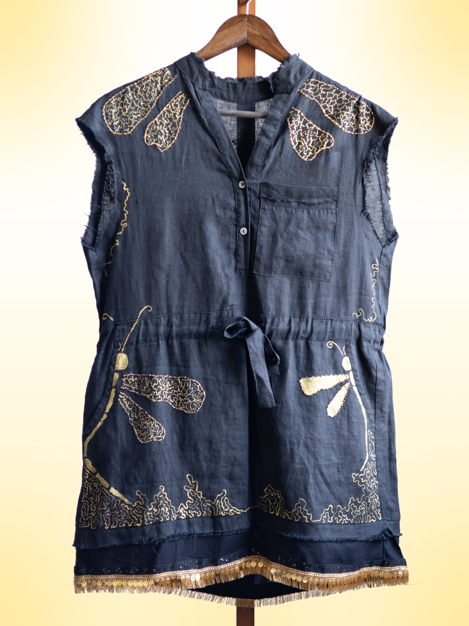 Dragonfly Handcrafted Linen Dress with Sequins & Lace