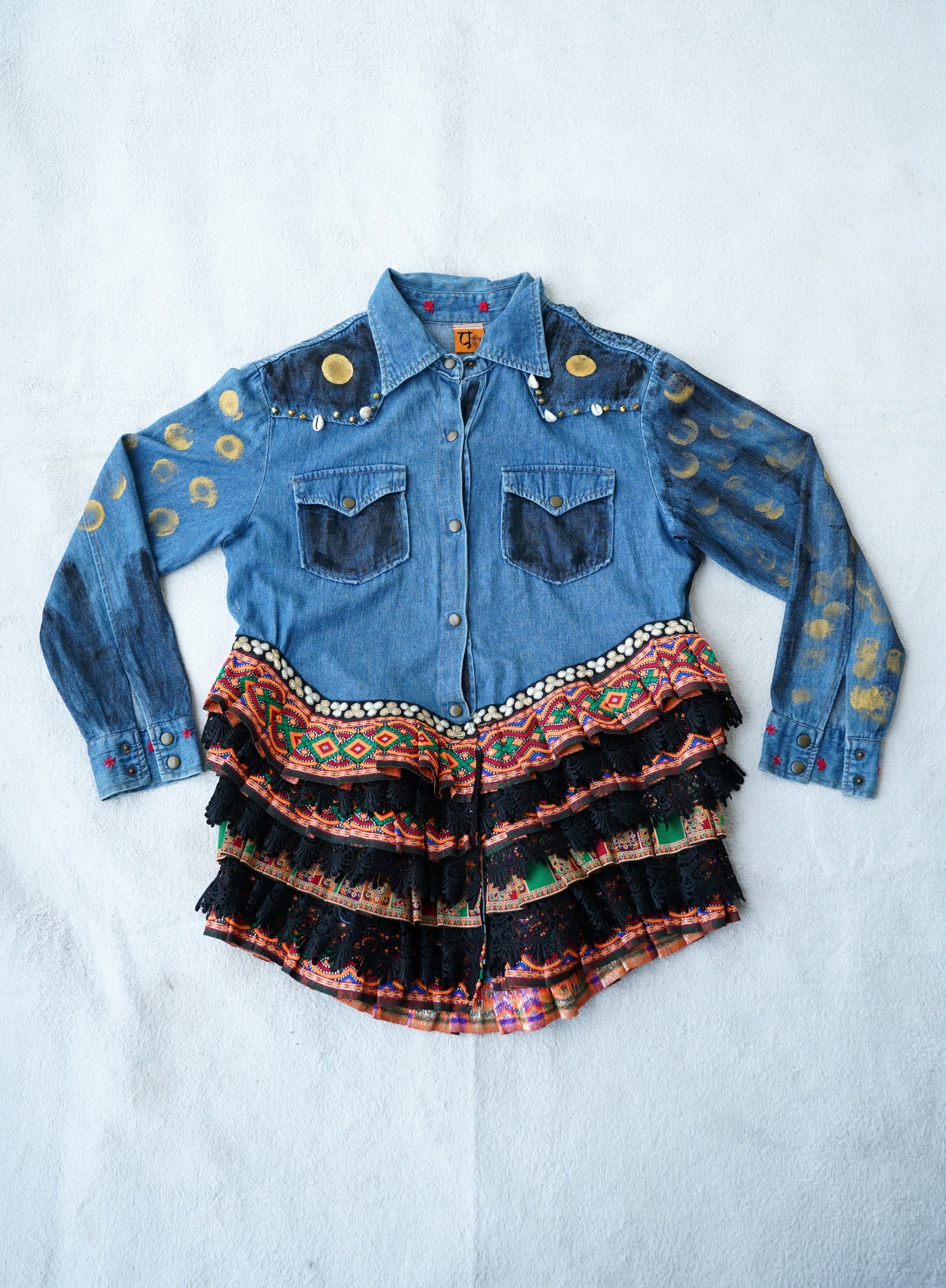 The Exotic Bohos Handcrafted Denim Cotton Top with Hand Painting, Hand Embroidery & Beads