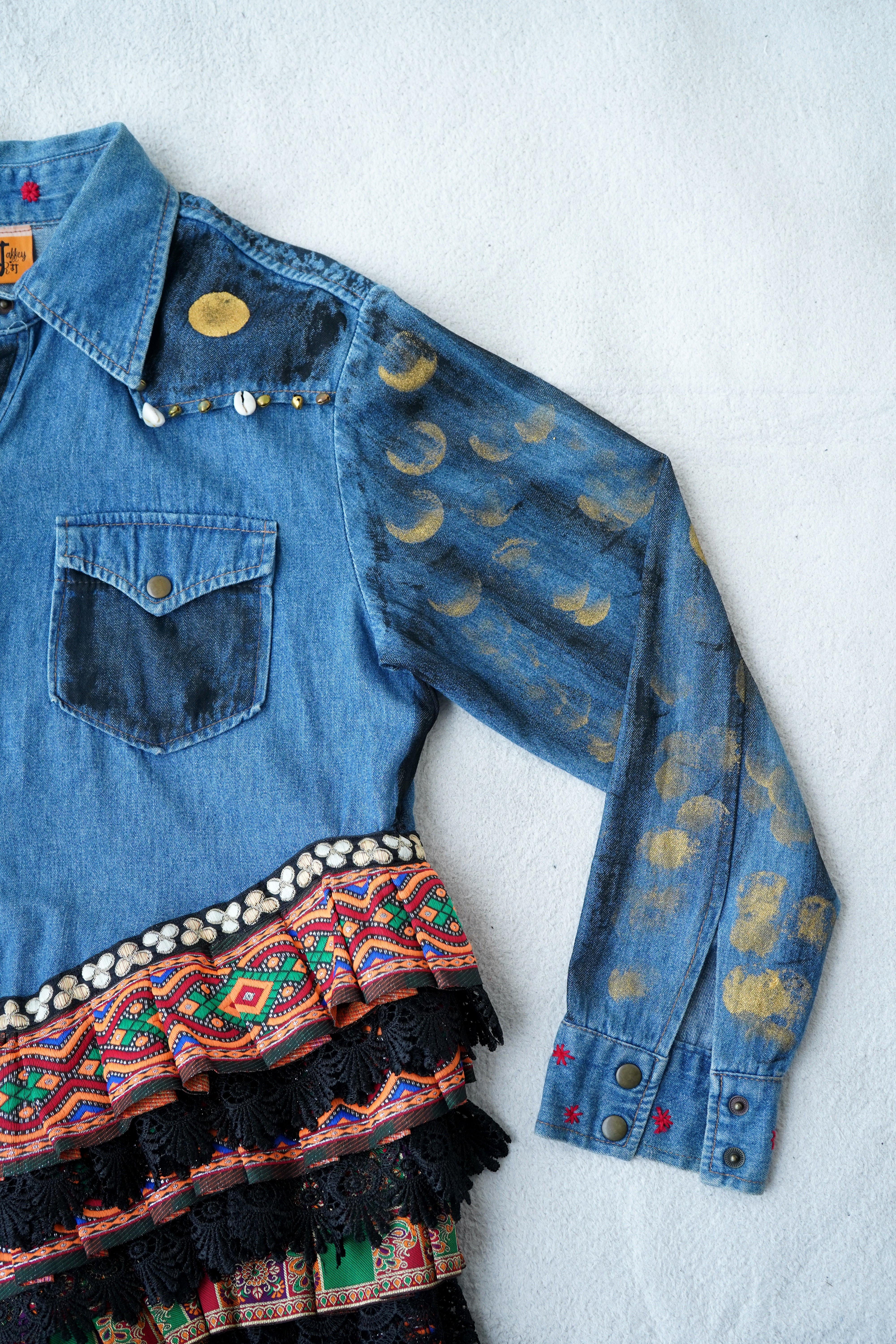 The Exotic Bohos Handcrafted Denim Cotton Top with Hand Painting, Hand Embroidery & Beads