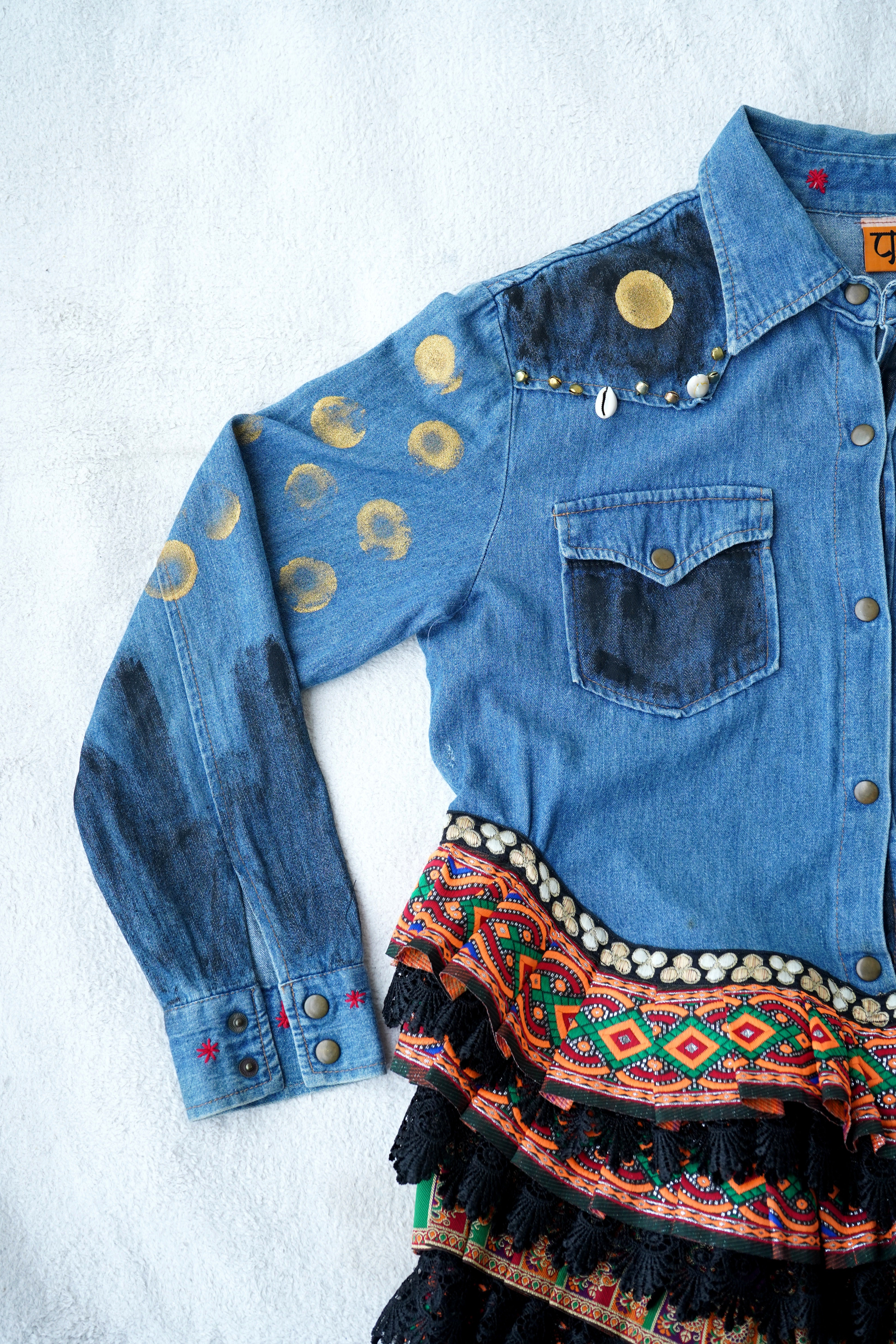 The Exotic Bohos Handcrafted Denim Cotton Top with Hand Painting, Hand Embroidery & Beads