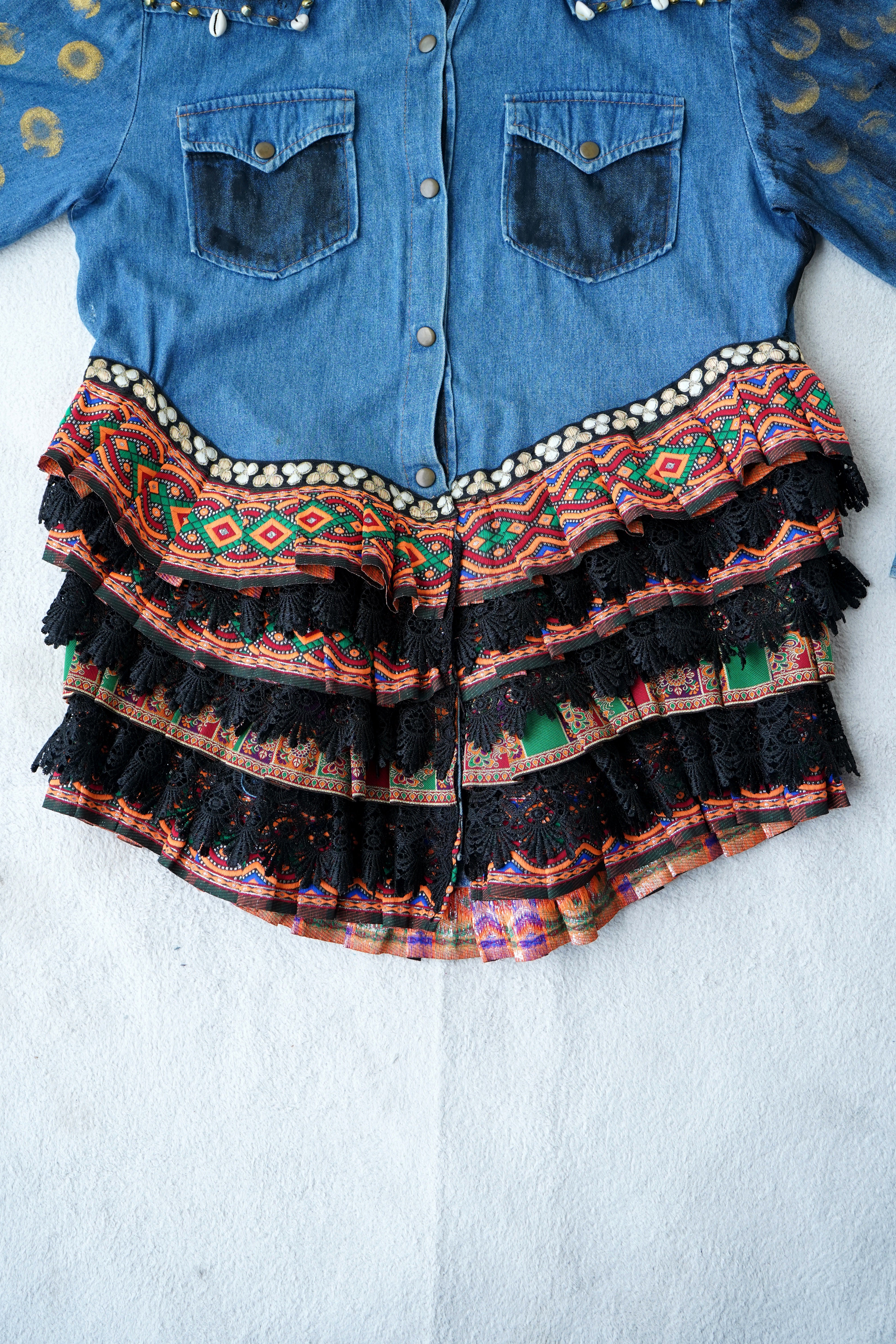 The Exotic Bohos Handcrafted Denim Cotton Top with Hand Painting, Hand Embroidery & Beads
