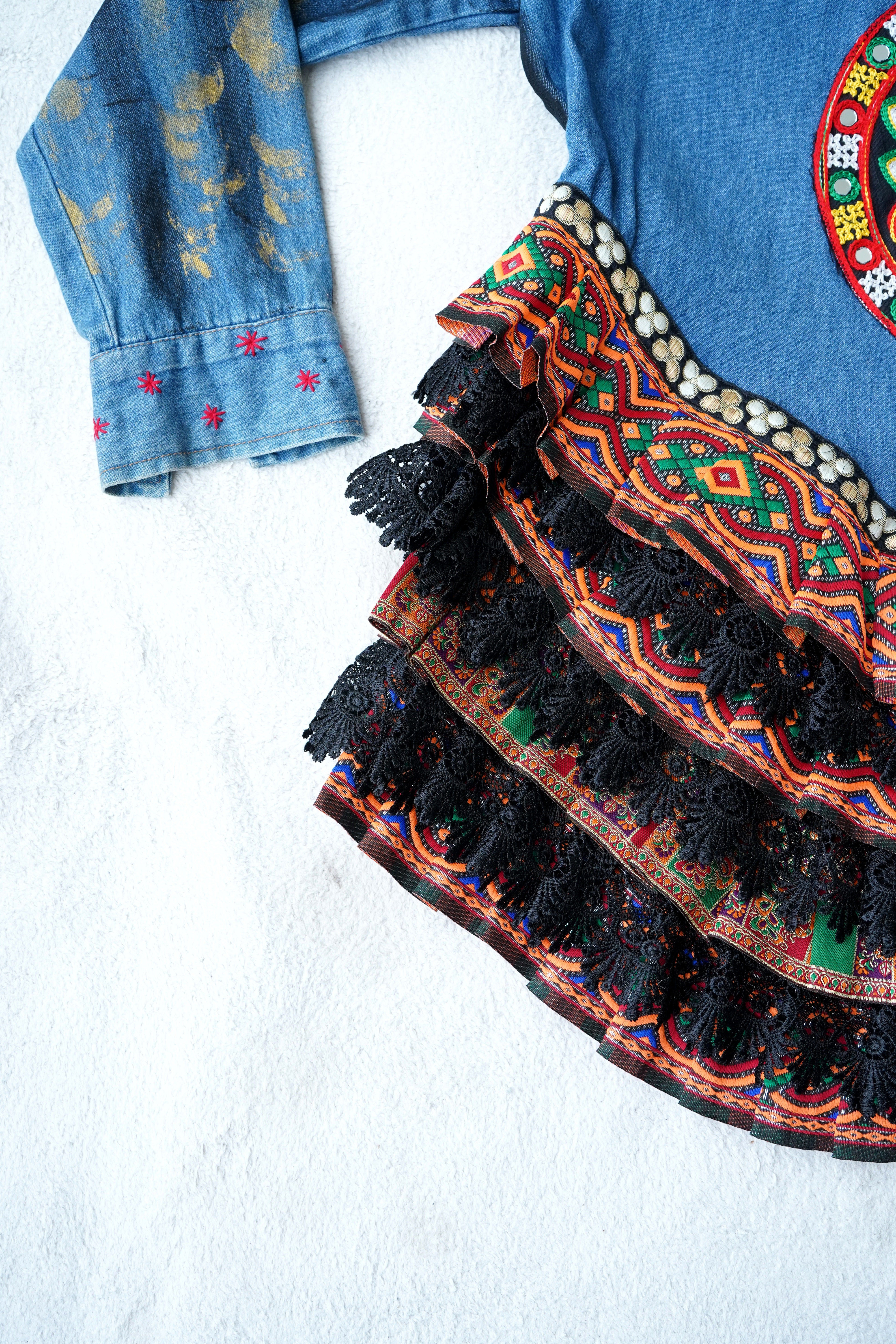 The Exotic Bohos Handcrafted Denim Cotton Top with Hand Painting, Hand Embroidery & Beads