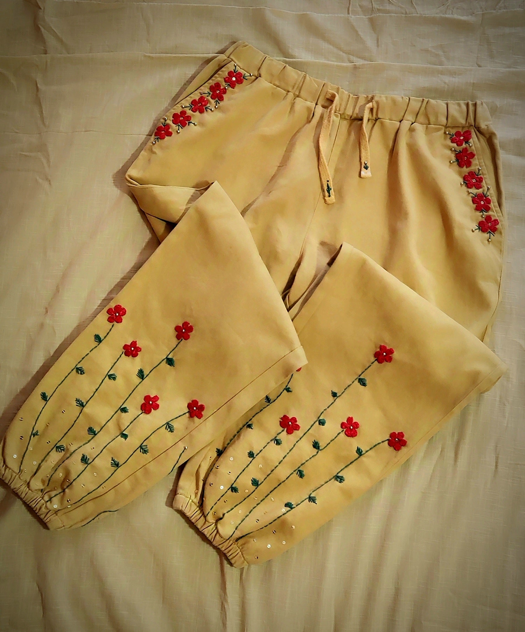 The Blossom Handcrafted Cotton Trouser with Hand Painting, Hand Embroidery & Beads
