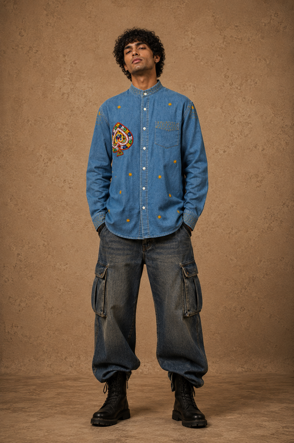 The Exotic Bohos Handcrafted Denim Unisex Shirt with Hand Painting, Hand Embroidery & Beads