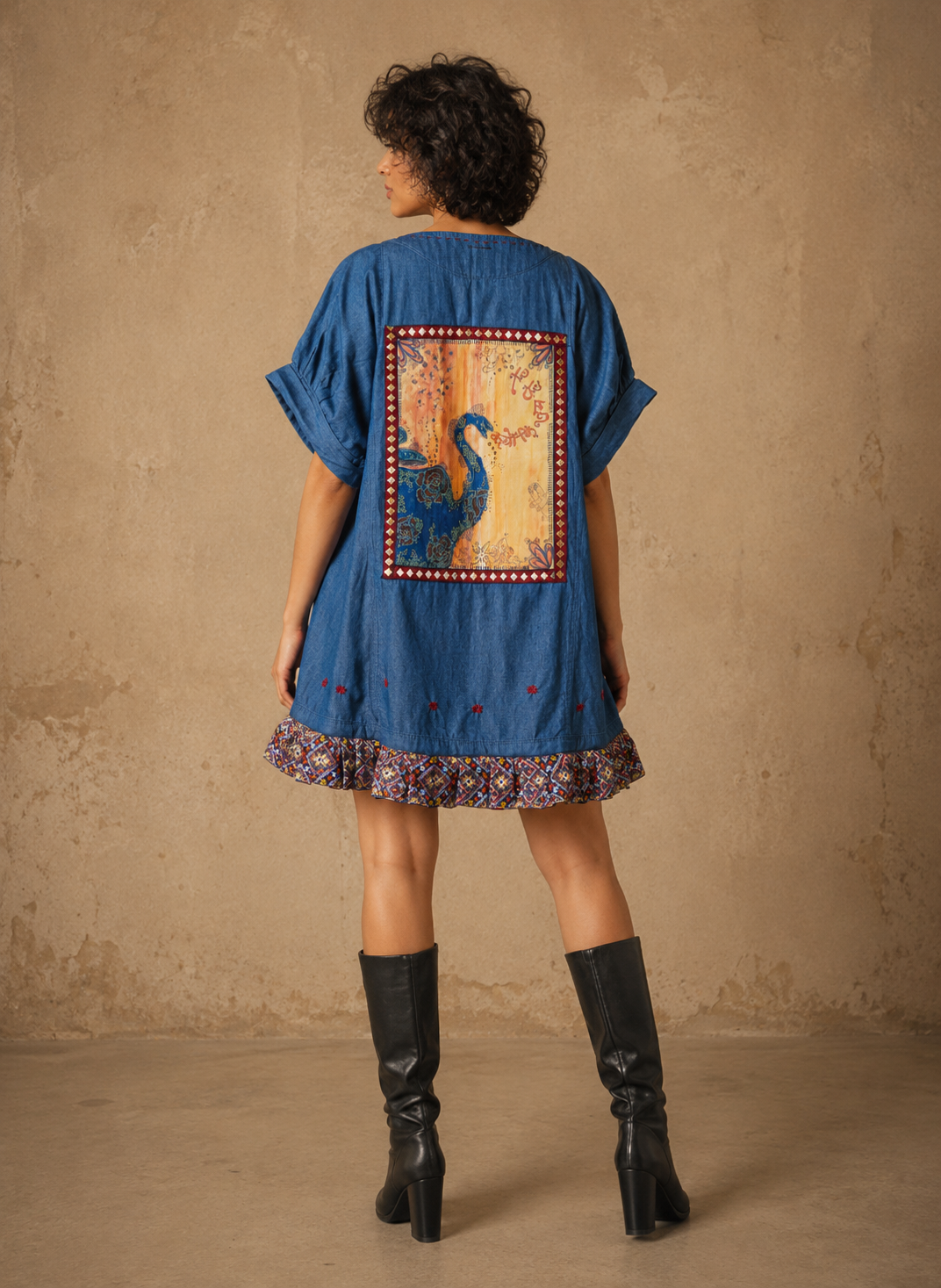 The Caffeine Evenings Handcrafted Denim Cotton Top with Hand Painting, Hand Embroidery & Beads