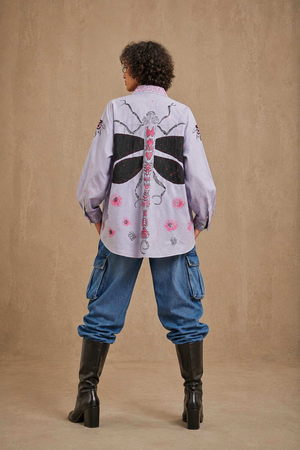 The Dragonfly Handcrafted Cotton Unisex Shirt with Hand Painting, Hand Embroidery & Beads