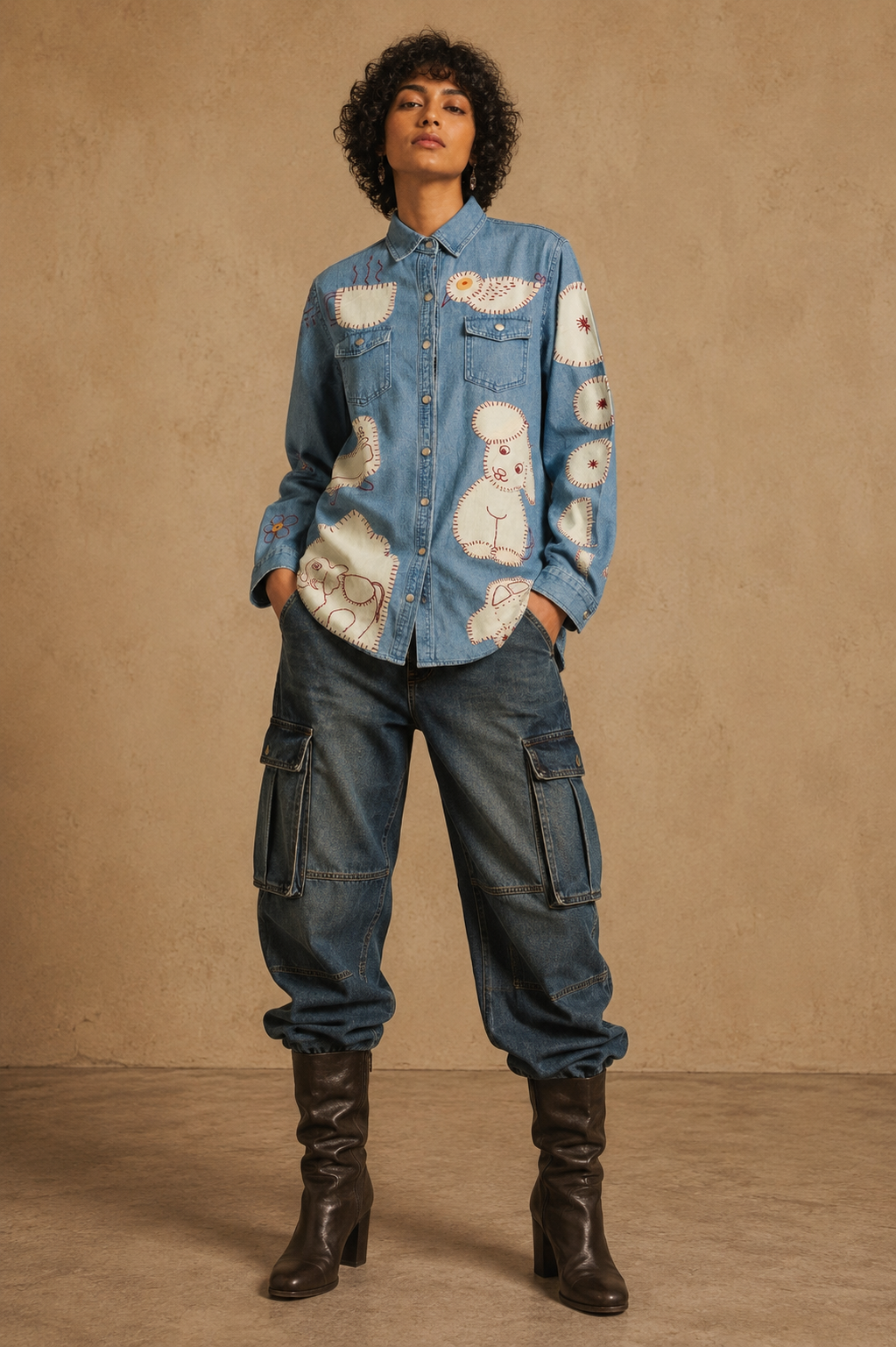 Aanshik Handcrafted Denim Unisex Shirt with Hand Painting, Hand Embroidery & Beads
