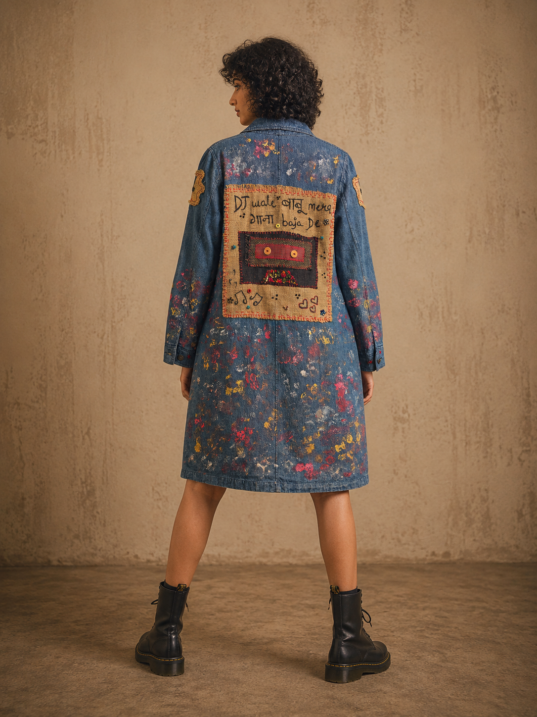 Retro Doodles Handcrafted Denim Long Jacket/Dress with Patchwork, Charms & Embroidery