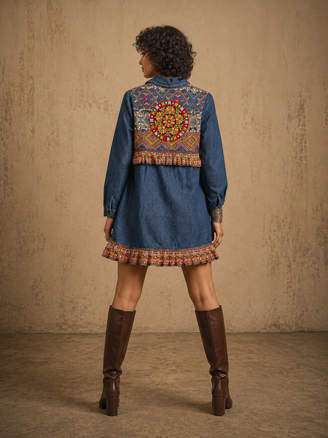 The Exotic Bohos Handcrafted Denim Cotton Dress with Patchwork, Hand Painting & Hand Embroidery