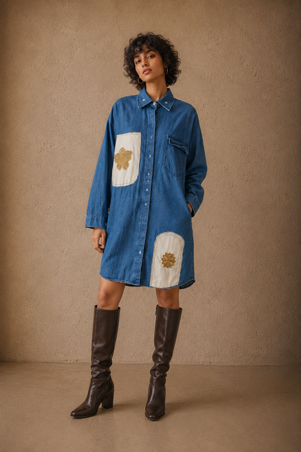 The Exotic Bohos Handcrafted Denim Dress/Jacket with Patchwork, Hand Painting & Hand Embroidery