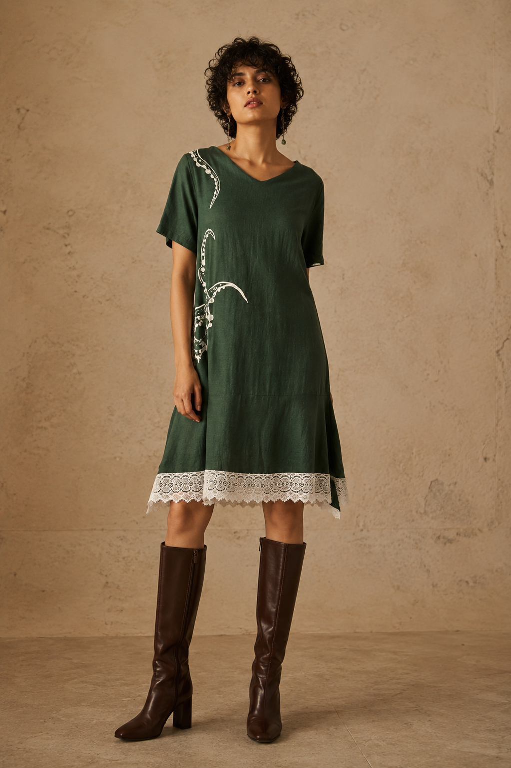 Flora & Fauna Handcrafted Cotton Dress with Beads & Lace