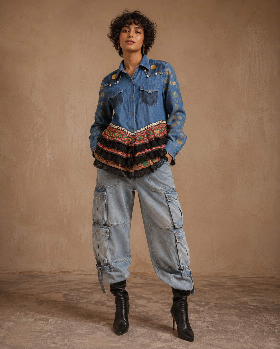The Exotic Bohos Handcrafted Denim Cotton Top with Hand Painting, Hand Embroidery & Beads