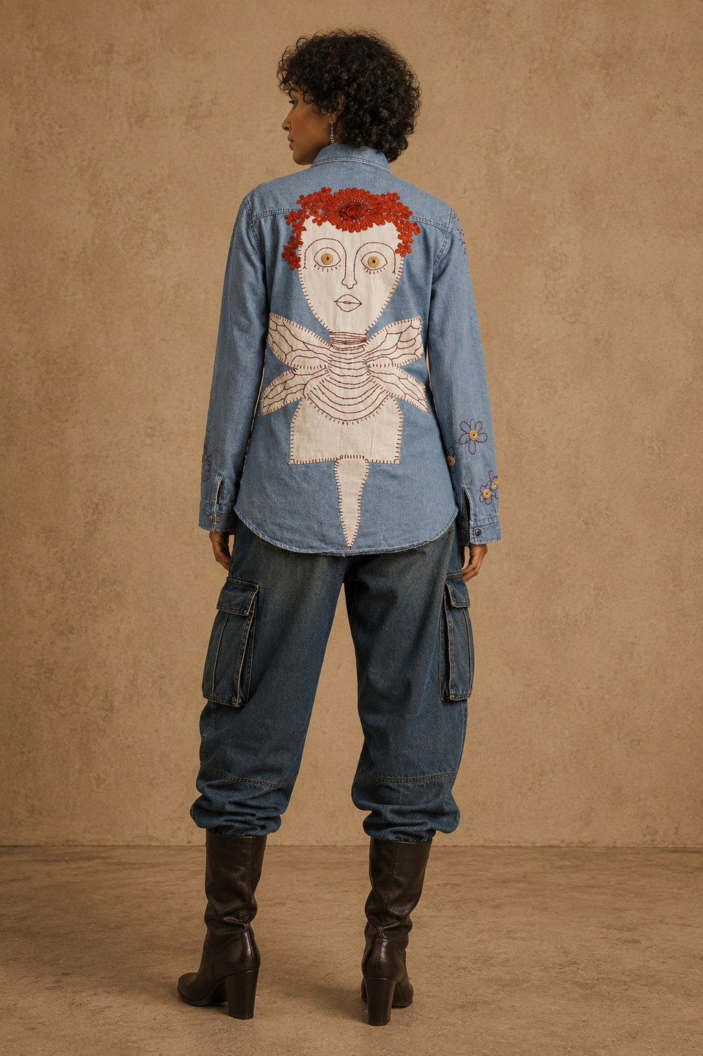 Aanshik Handcrafted Denim Unisex Shirt with Hand Painting, Hand Embroidery & Beads