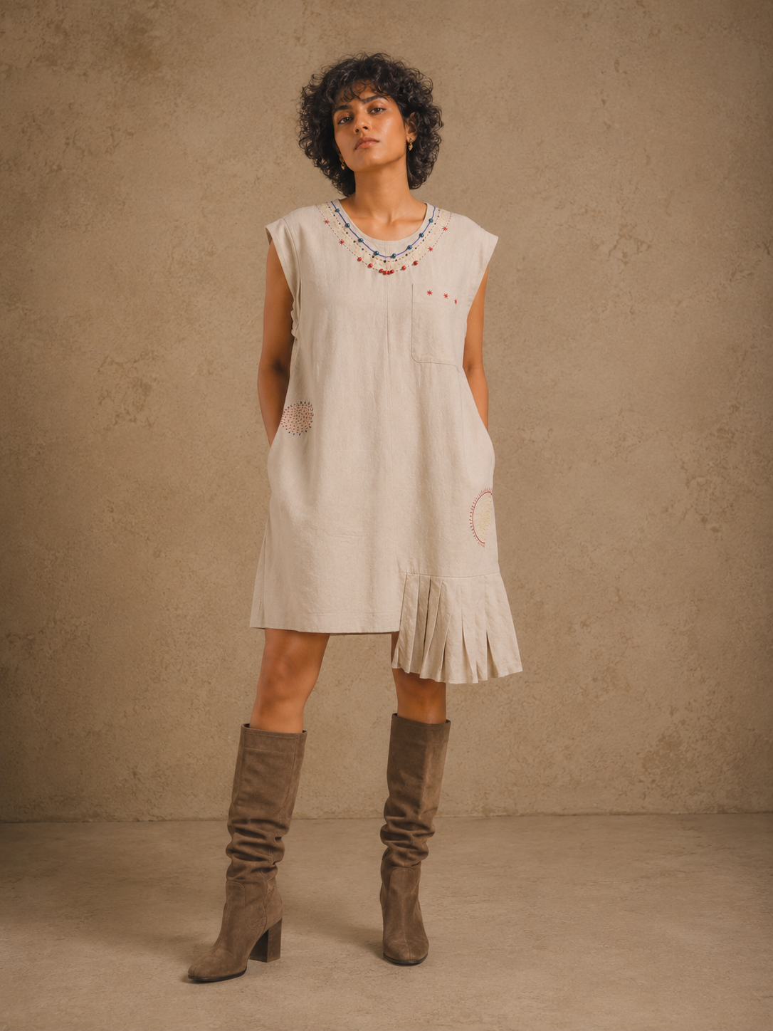 The Charismatic Tribes Handcrafted Cotton Dress with Hand Painting, Hand Embroidery & Beads