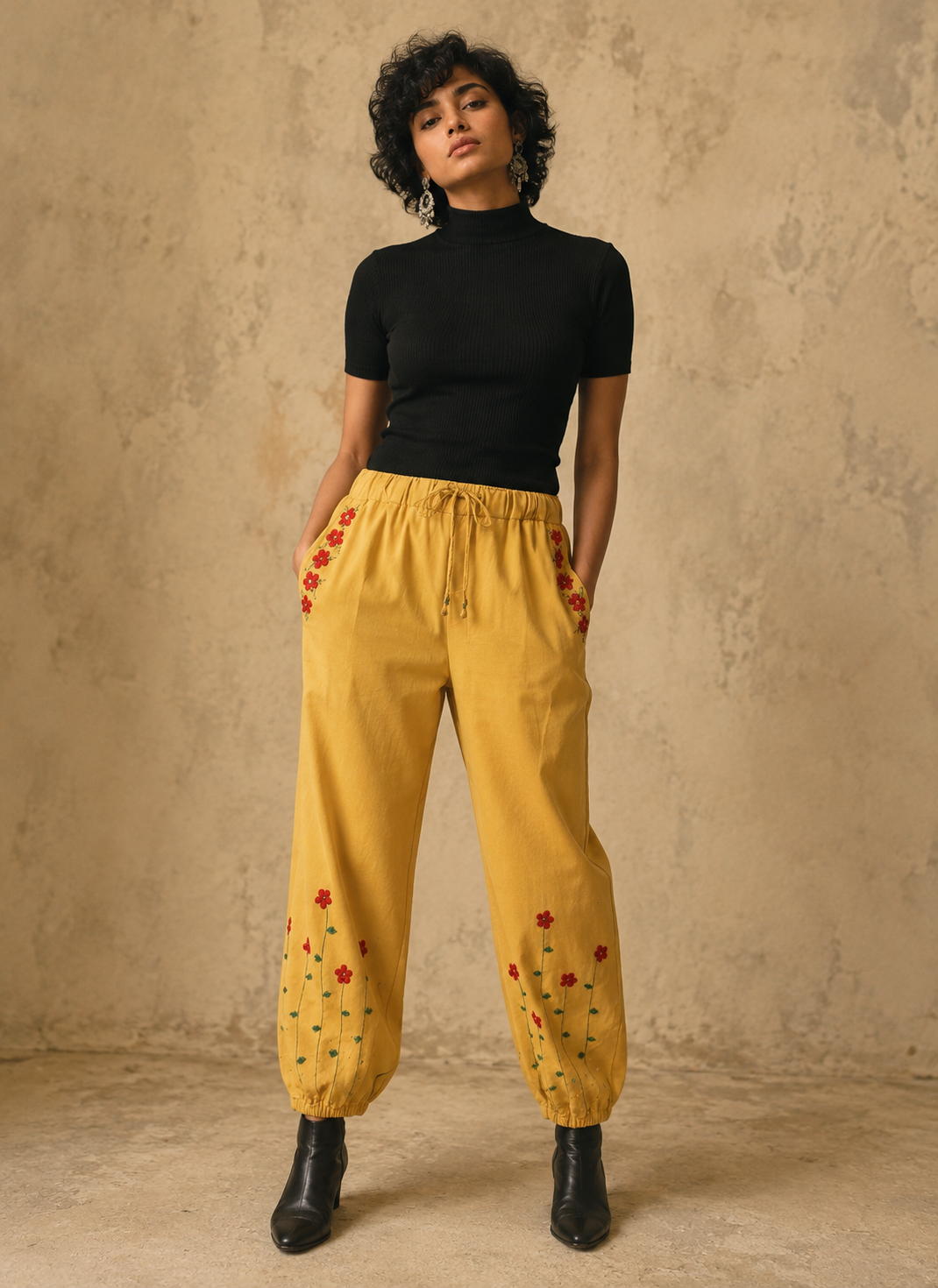 The Blossom Handcrafted Cotton Trouser with Hand Painting, Hand Embroidery & Beads