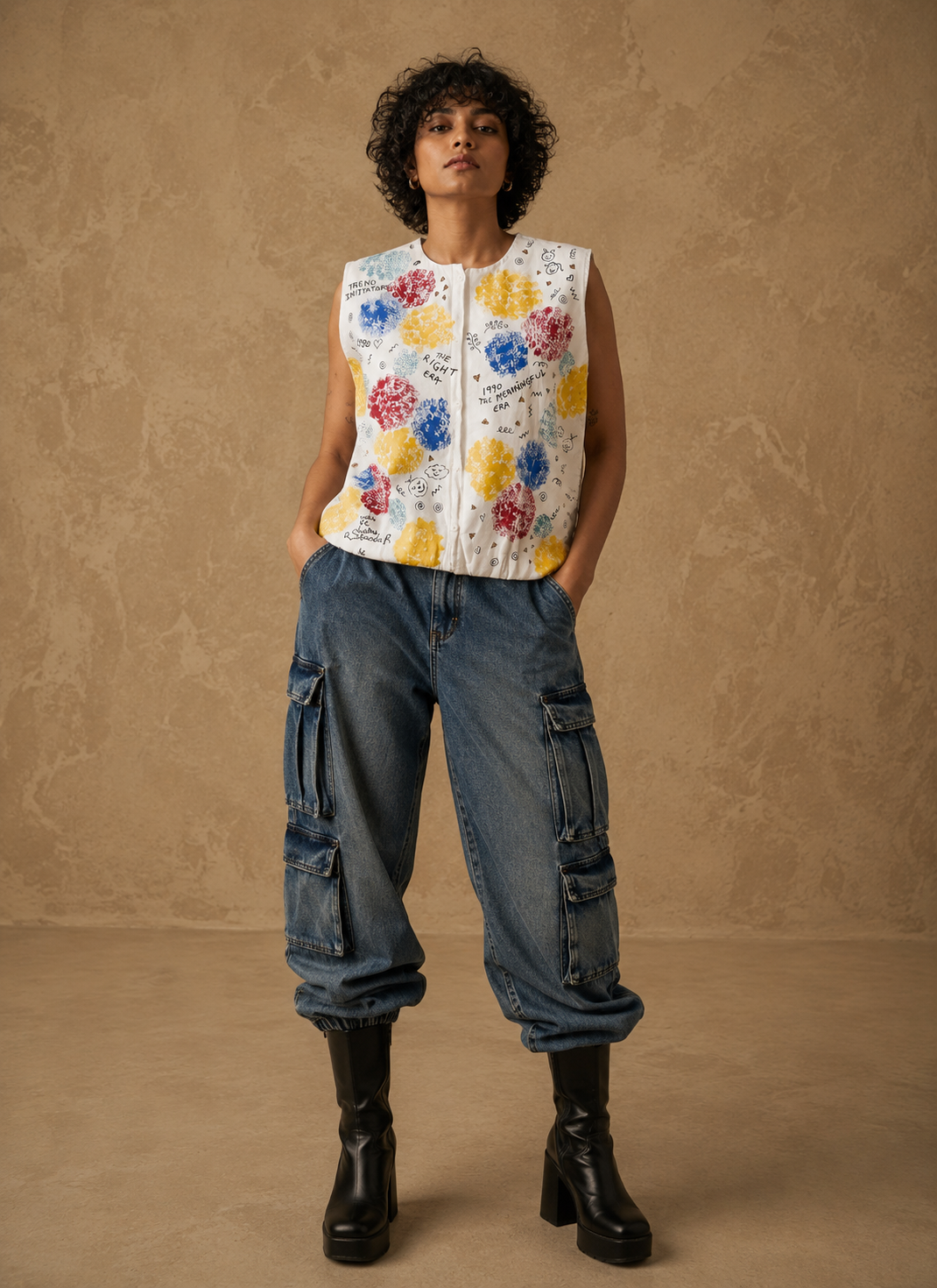 Retro Doodles Handcrafted Cotton Waistcoat Jacket with Hand Painting & Beads