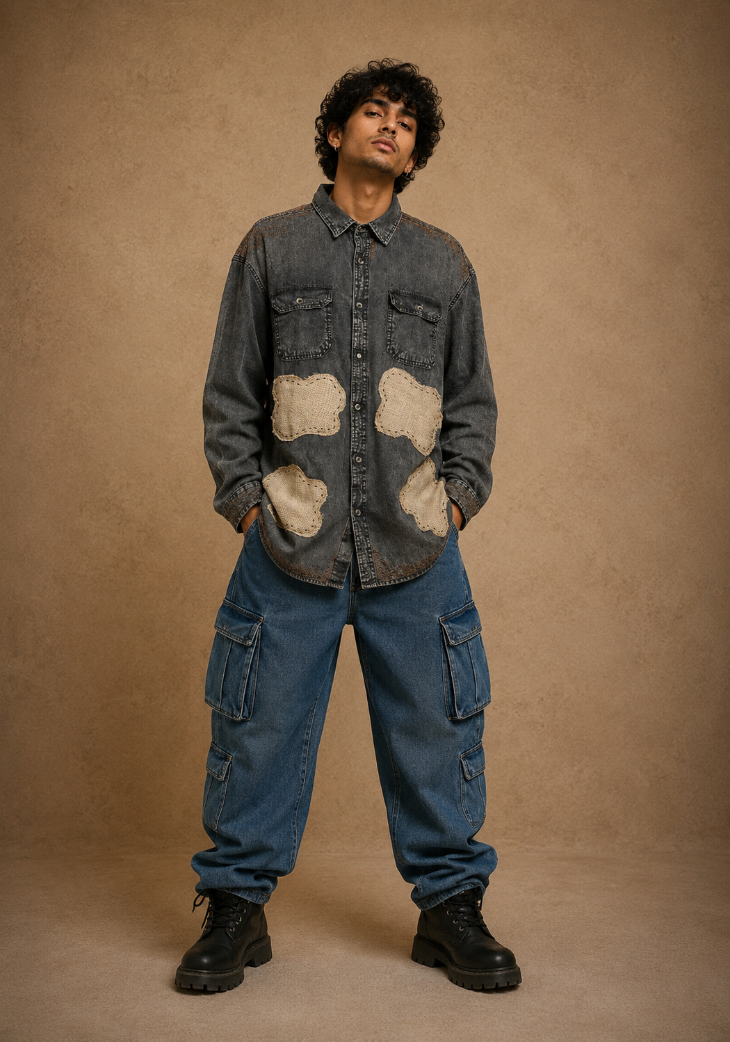 The Wandersoul Handcrafted Denim Unisex Shirt with Hand Embroidery & Patchwork
