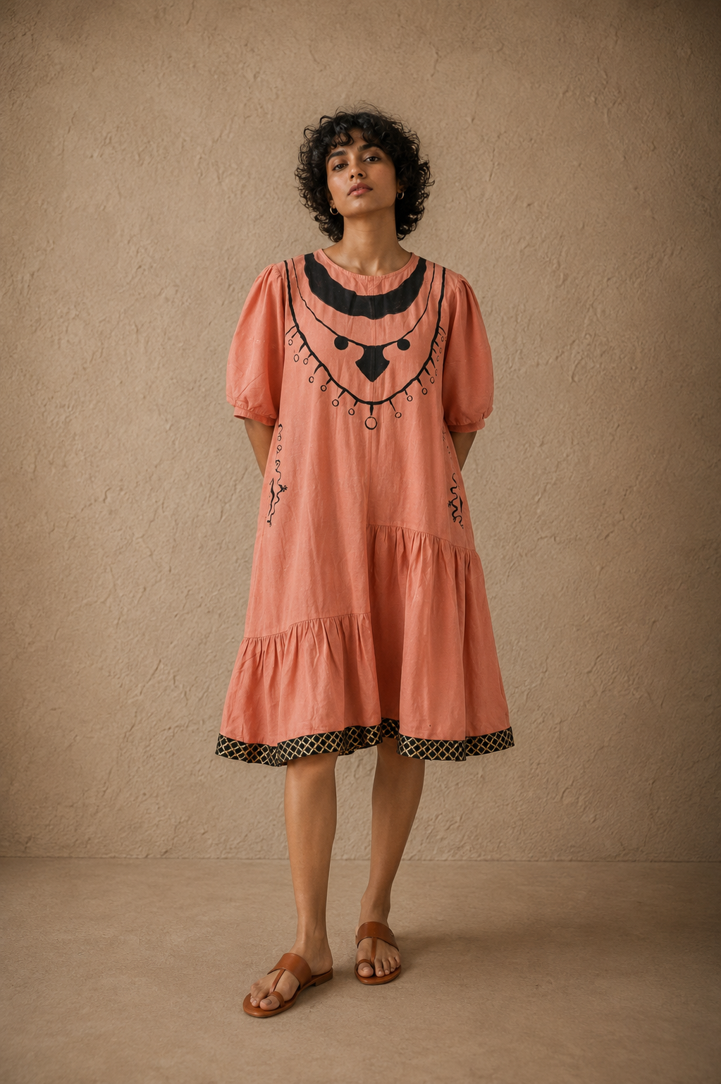 The Charismatic Tribes Handcrafted Cotton Dress with Hand Painting, Hand Embroidery & Beads