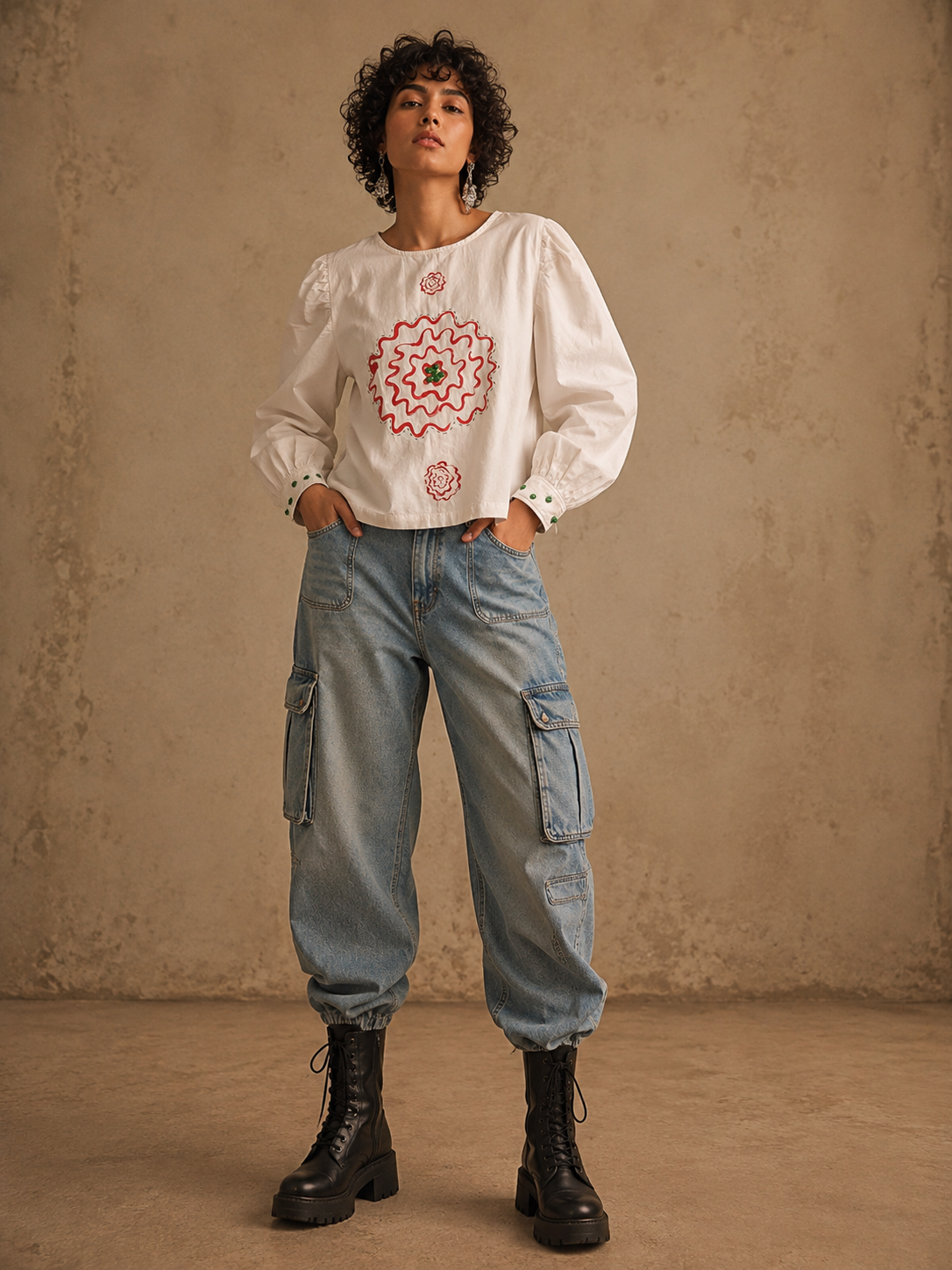 Aanshik Handcrafted Cotton Top with Hand Painting, Hand Embroidery & Beads
