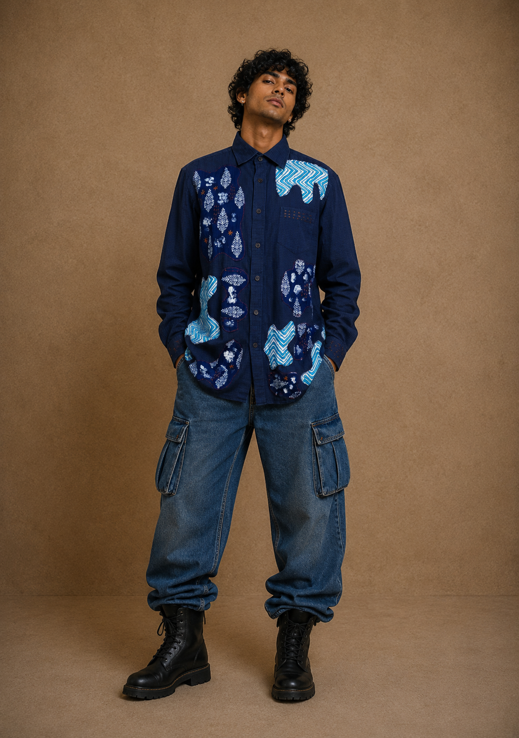 The Khamma Ghani Handcrafted Cotton Unisex Shirt with Hand Painting, Hand Embroidery & Beads
