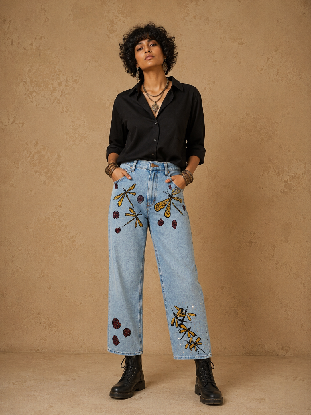 The Dragonfly Handcrafted Denim Jeans with Hand Painting, Hand Embroidery & Beads