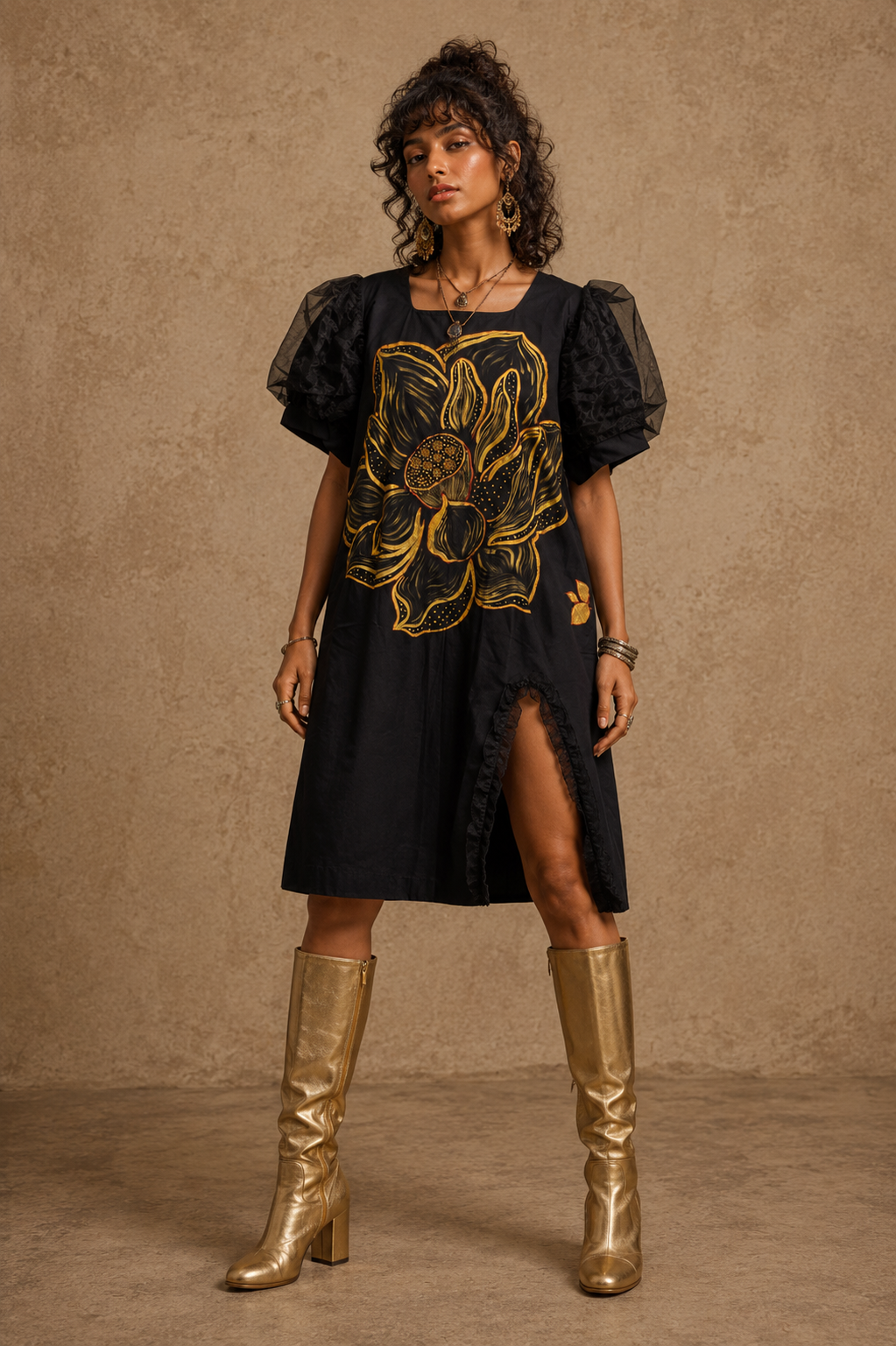 The Blossom Handcrafted Cotton Dress with Hand Painting, Hand Embroidery & Beads