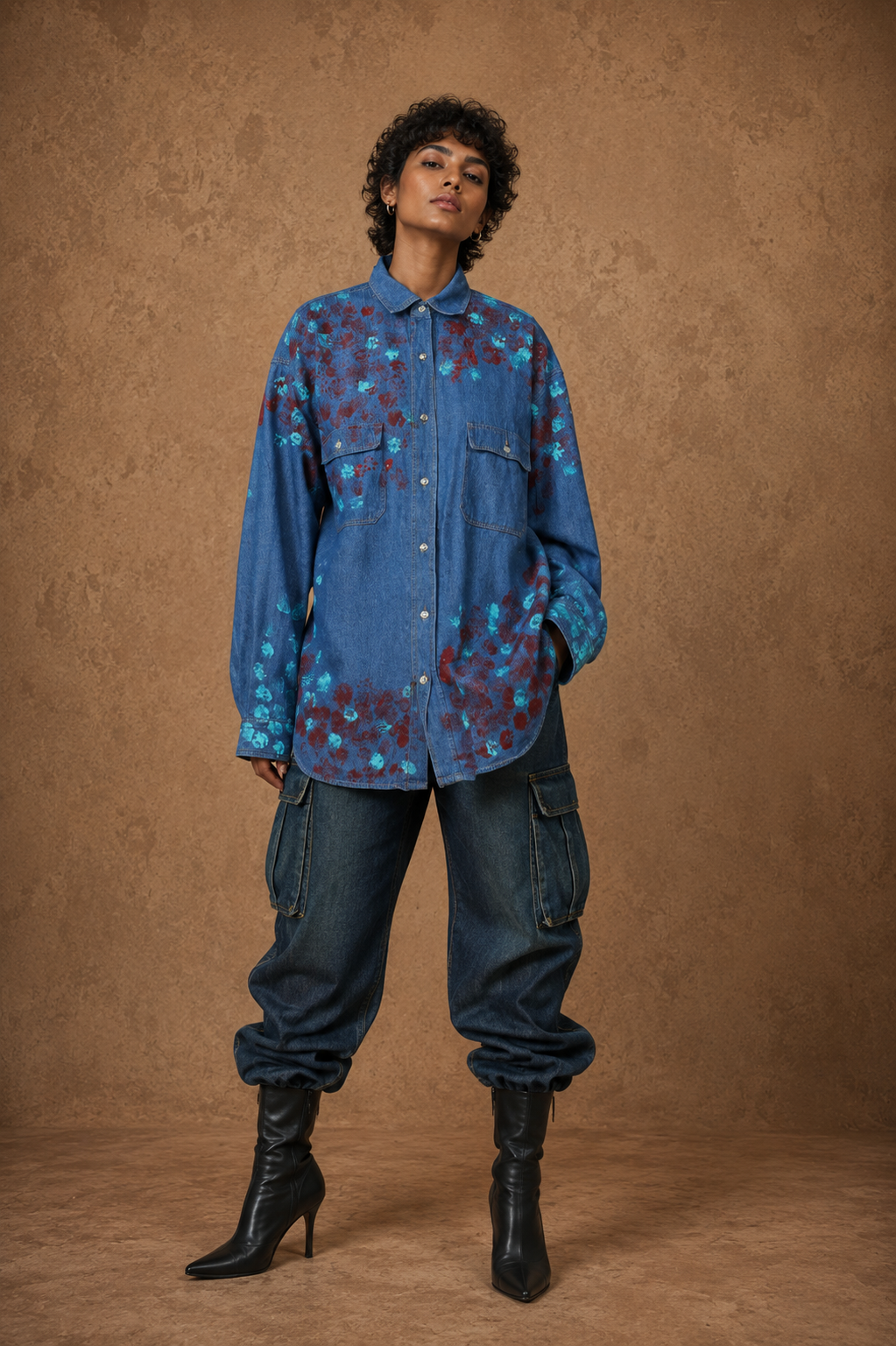 The Exotic Bohos Handcrafted Denim Unisex Shirt with Hand Painting, Hand Embroidery & Beads