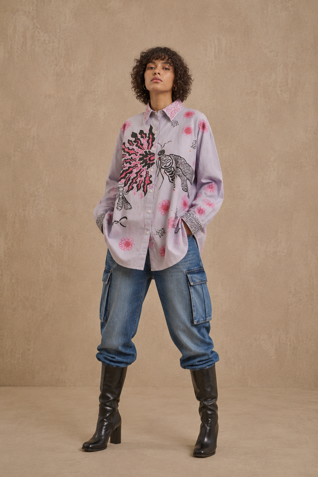 The Dragonfly Handcrafted Cotton Unisex Shirt with Hand Painting, Hand Embroidery & Beads