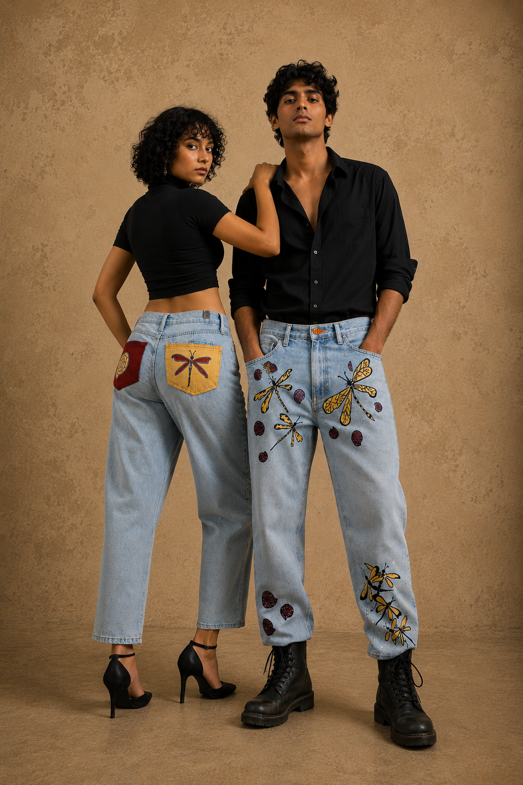 The Dragonfly Handcrafted Denim Jeans with Hand Painting, Hand Embroidery & Beads