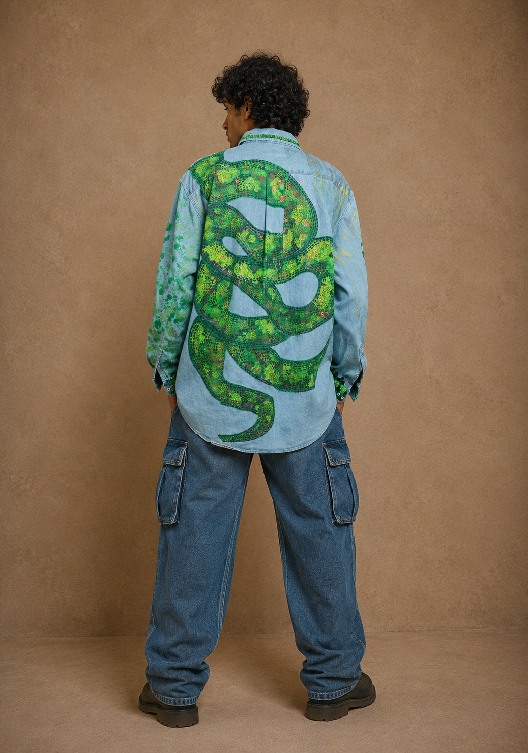The Flora & Fauna Handcrafted Denim Unisex Shirt with Hand Painting, Hand Embroidery & Beads