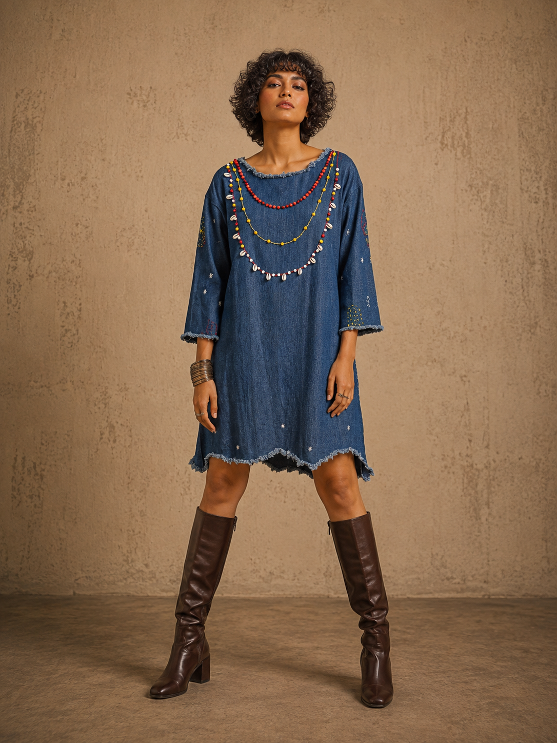 Charismatic Tribes Handcrafted Denim Dress with Beads, Embroidery & Shells