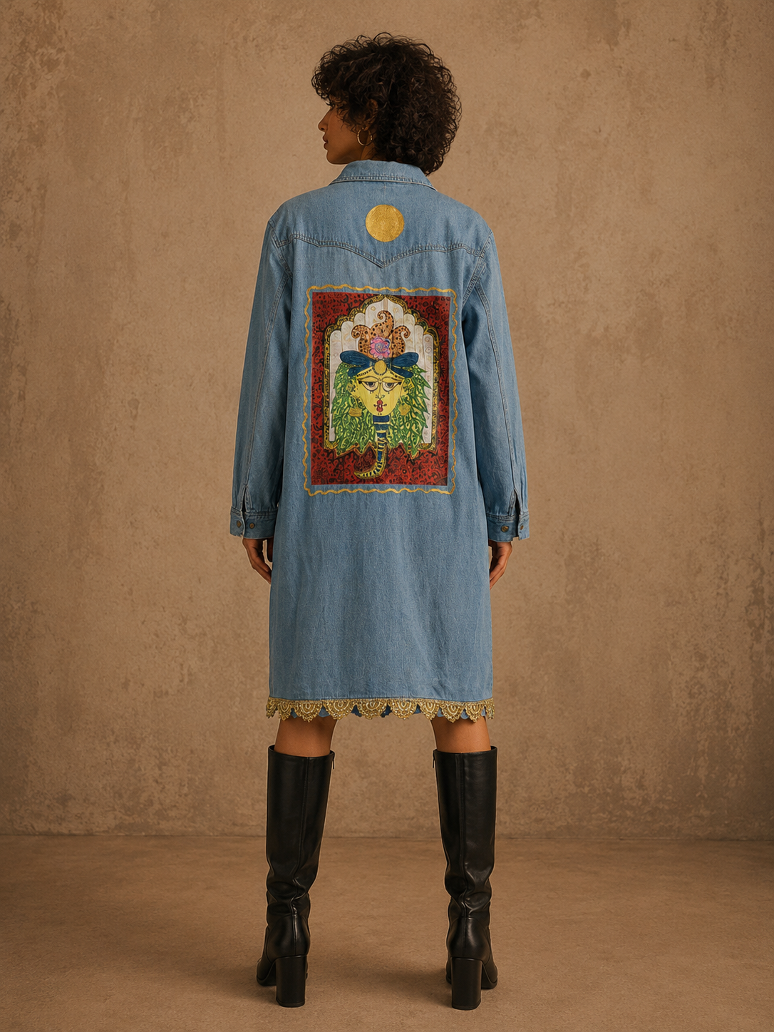Aanshik Handcrafted Denim Dress with Patchwork, Hand Painting & Hand Embroidery