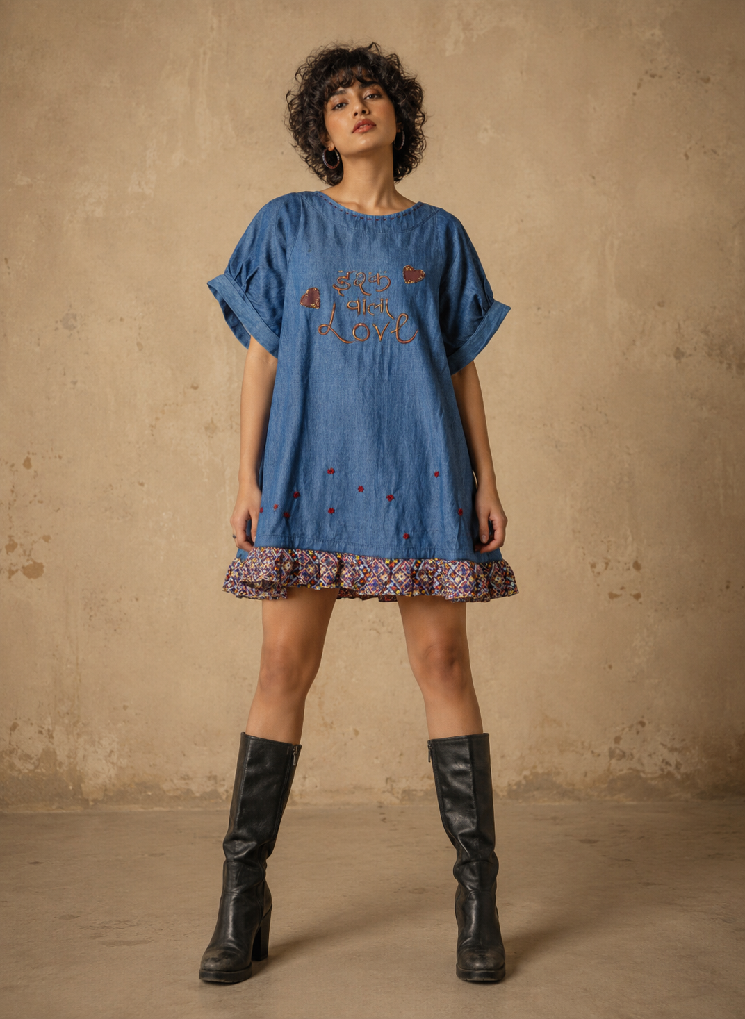 The Caffeine Evenings Handcrafted Denim Cotton Top with Hand Painting, Hand Embroidery & Beads