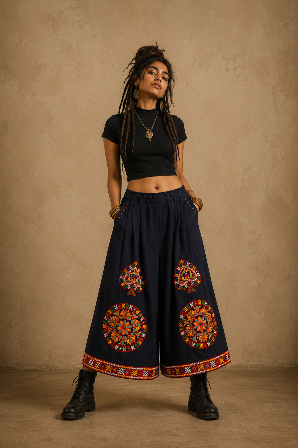 The Exotic Bohos Handcrafted Cotton Trouser/Culottes with Hand Painting, Hand Embroidery & Beads