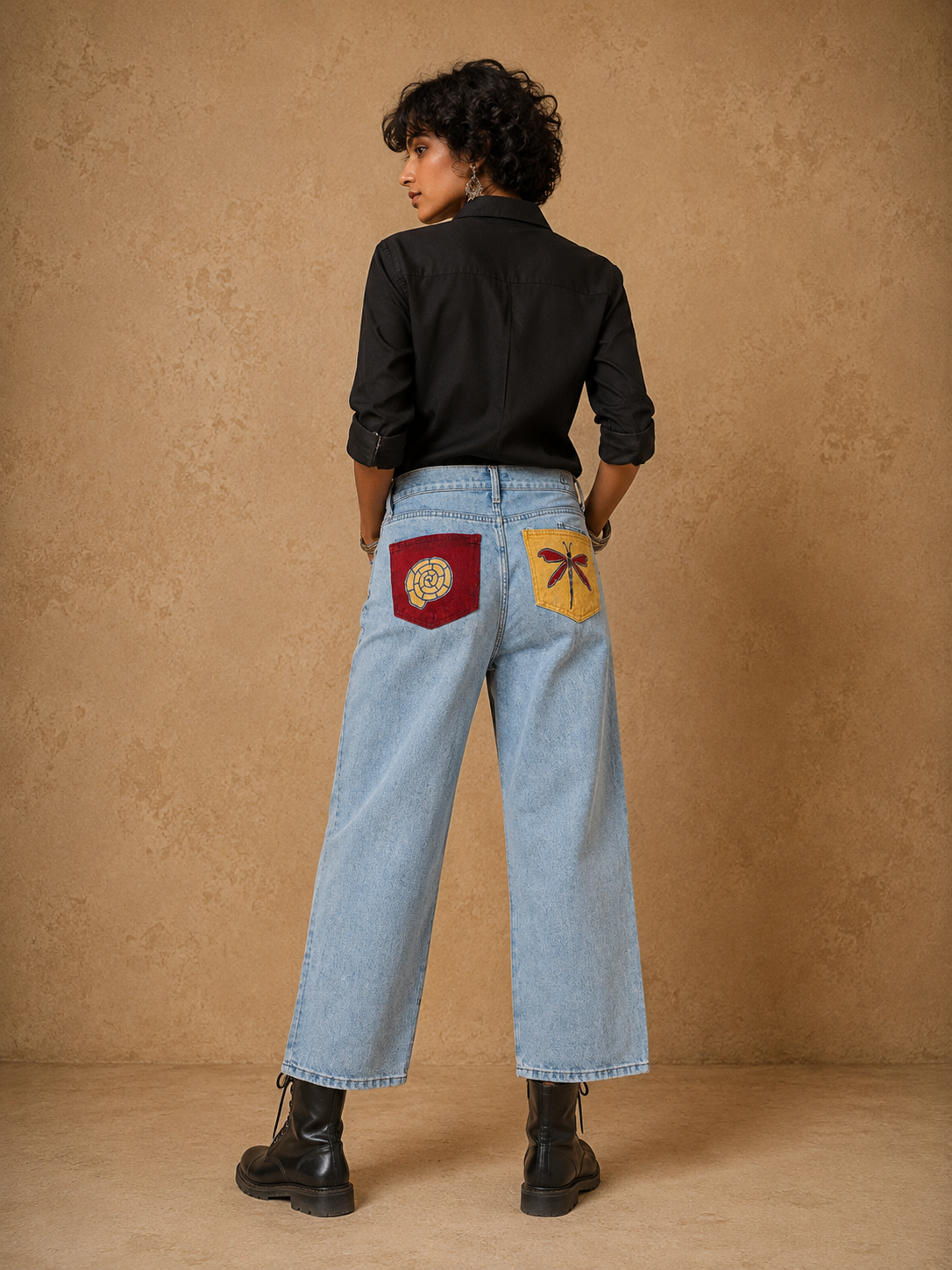 The Dragonfly Handcrafted Denim Jeans with Hand Painting, Hand Embroidery & Beads