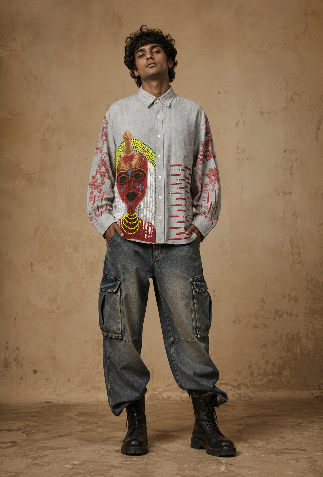 The Charismatic Tribes Handcrafted Cotton Unisex Shirt with Hand Painting, Hand Embroidery & Beads